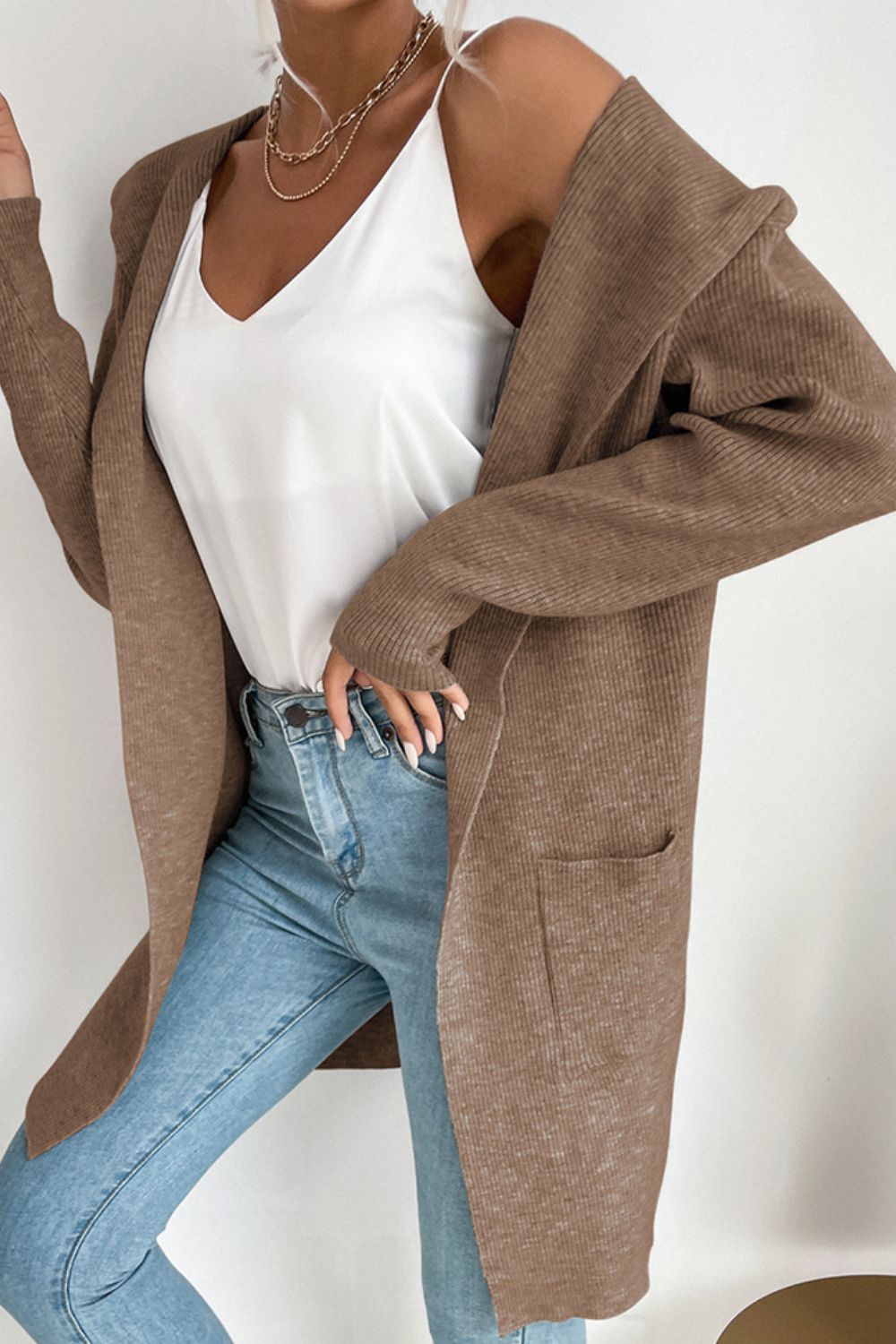 Perfee Ribbed Open Front Hooded Cardigan with Pockets