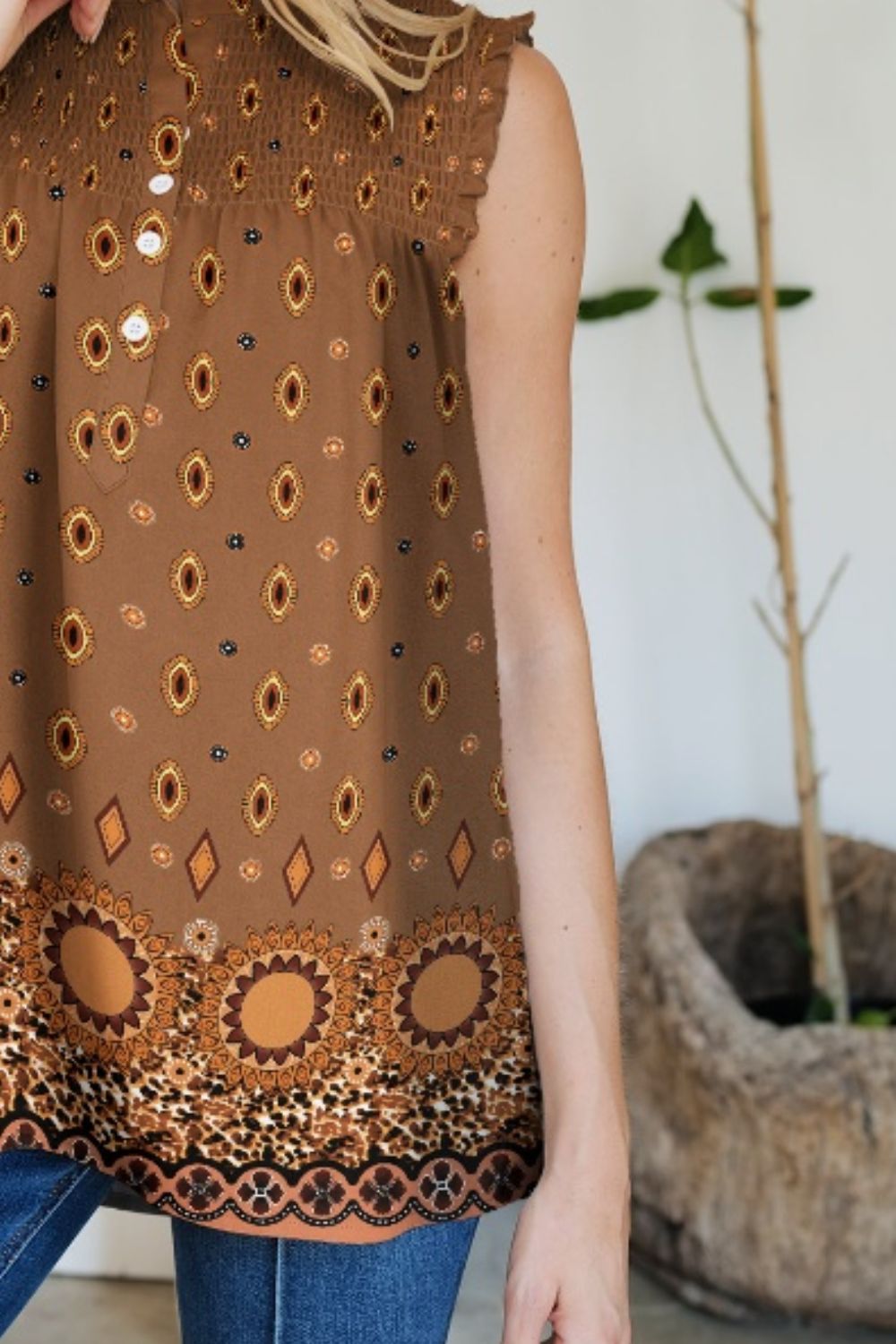 Frill Printed Mock Neck Top