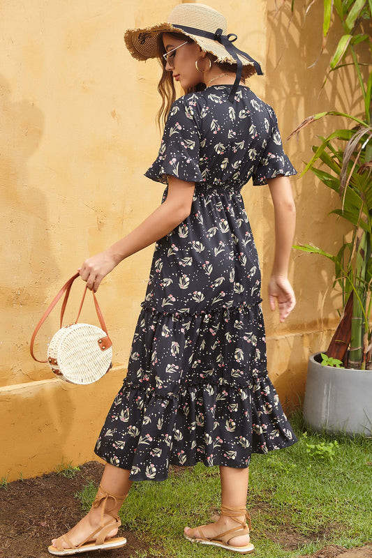 Perfee Printed Tied V-Neck Short Sleeve Midi Dress