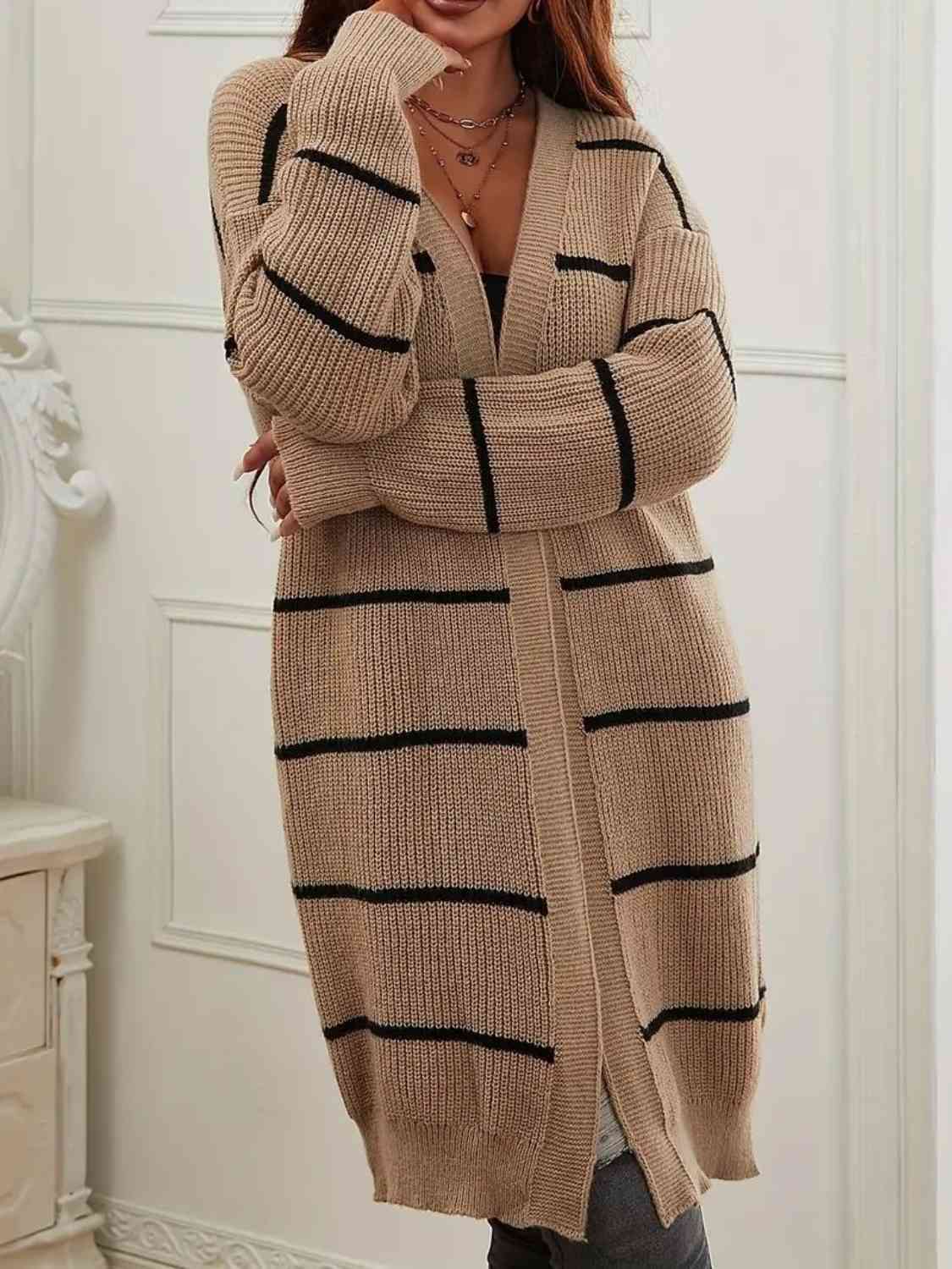Plus Size Striped Open Front Longline Cardigan