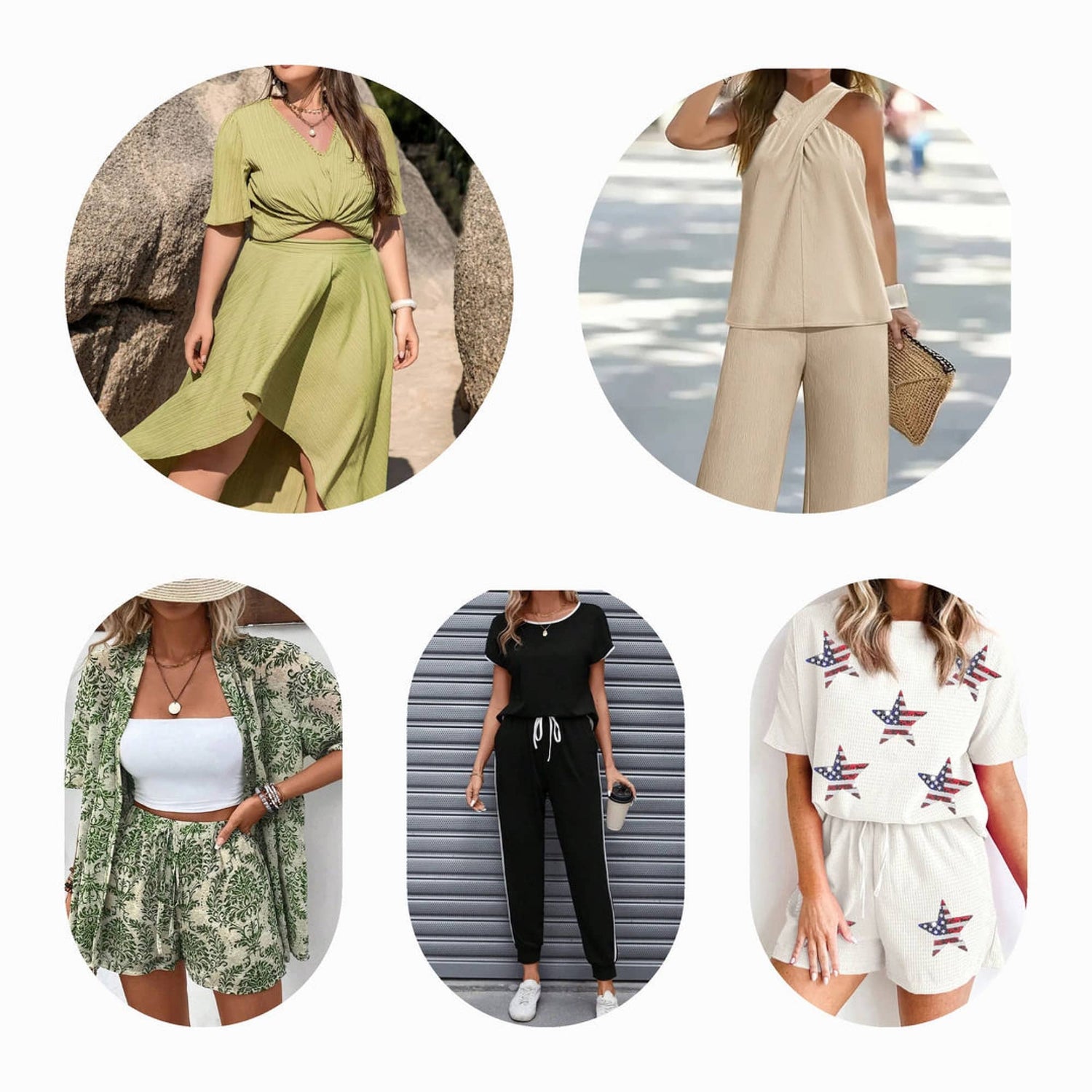 Collection of stylish two-piece sets for women, including matching outfits, dresses, co-ords, and plus-size options in various colors like blue, pink, and black.

