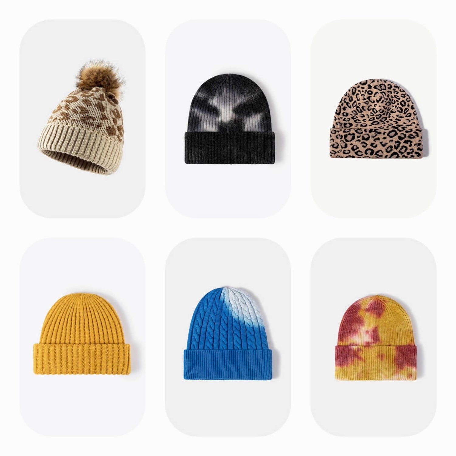 A selection of women's beanies in various colors, including knit, pom pom, and cuffed styles, perfect for winter. Options include black, pink, blue, green, and cream beanies, offering warmth and style.