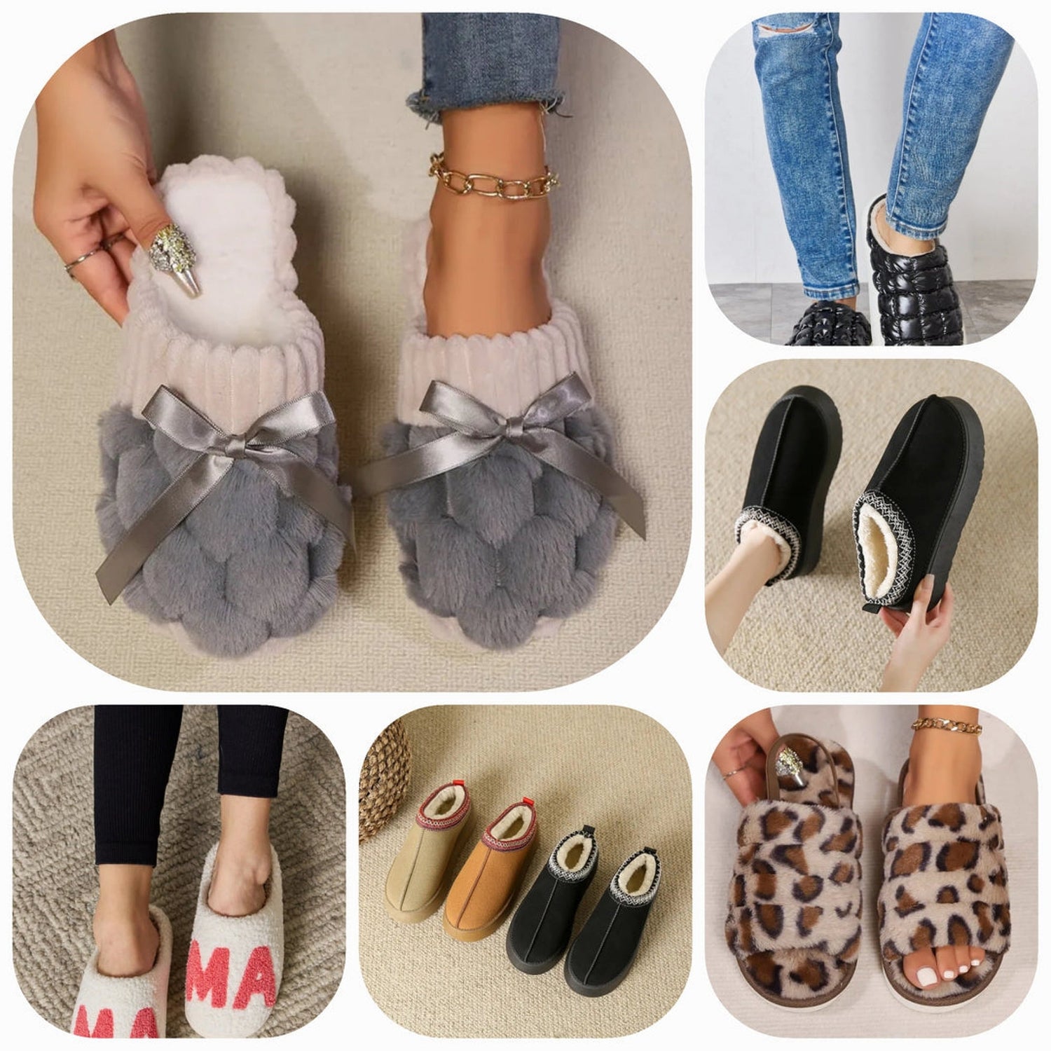 A variety of cozy slippers, including fluffy, fuzzy, faux fur, and platform designs in pink, black, navy, and more for ultimate comfort and style.