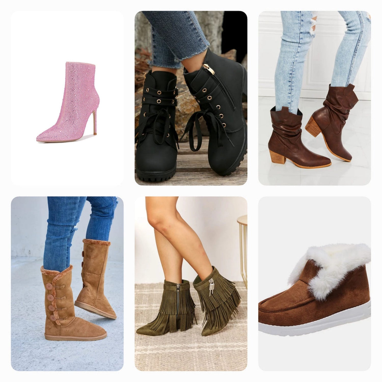 A stylish selection of women's boots, including fur-lined, platform, chunky heels, and dress boots in black, brown, pink, and more