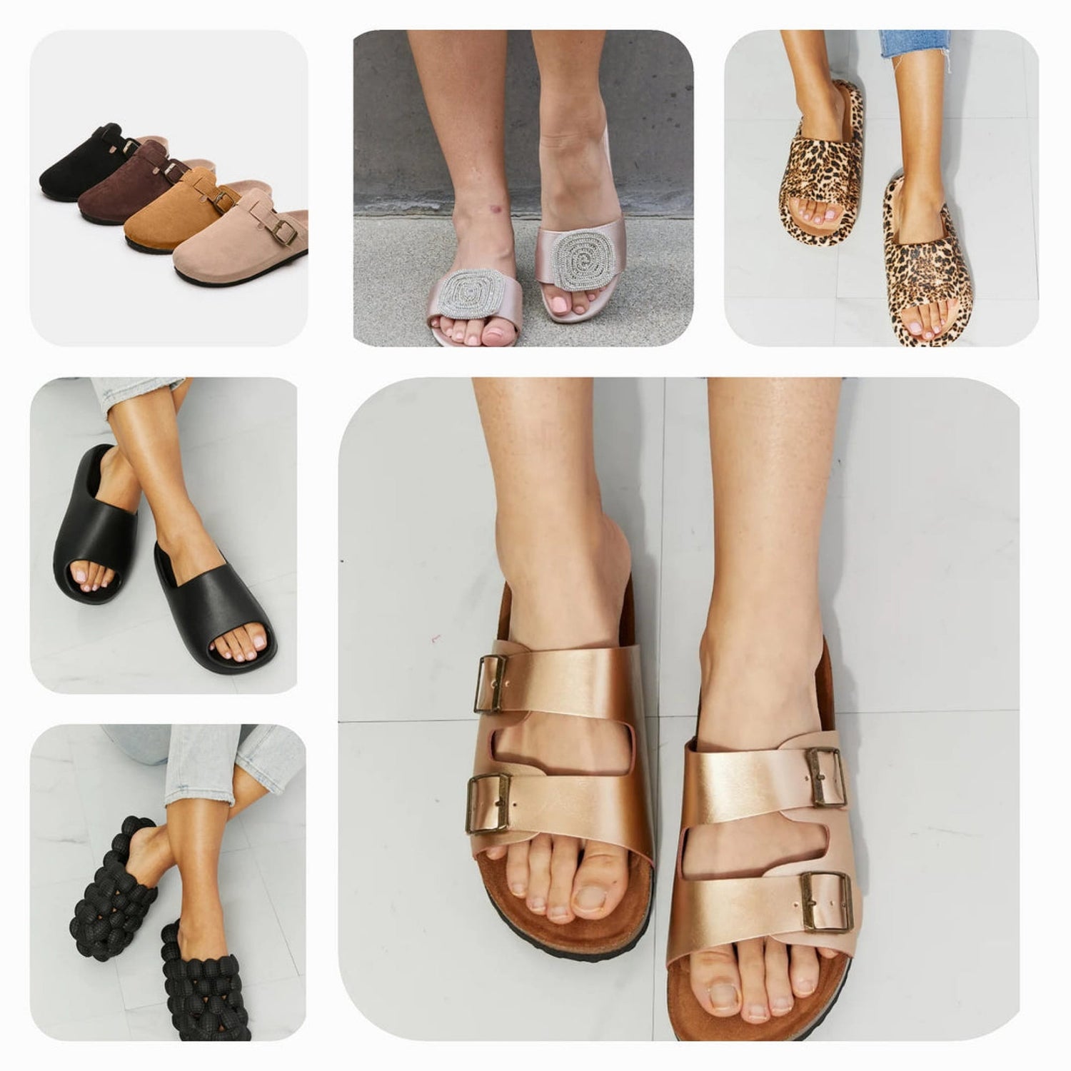 A collection of slides footwear, including cloud slippers, pillow slides, fur sandals, and non-slip slides in a range of colors like black, pink, and blue, offering comfort and style for every step.