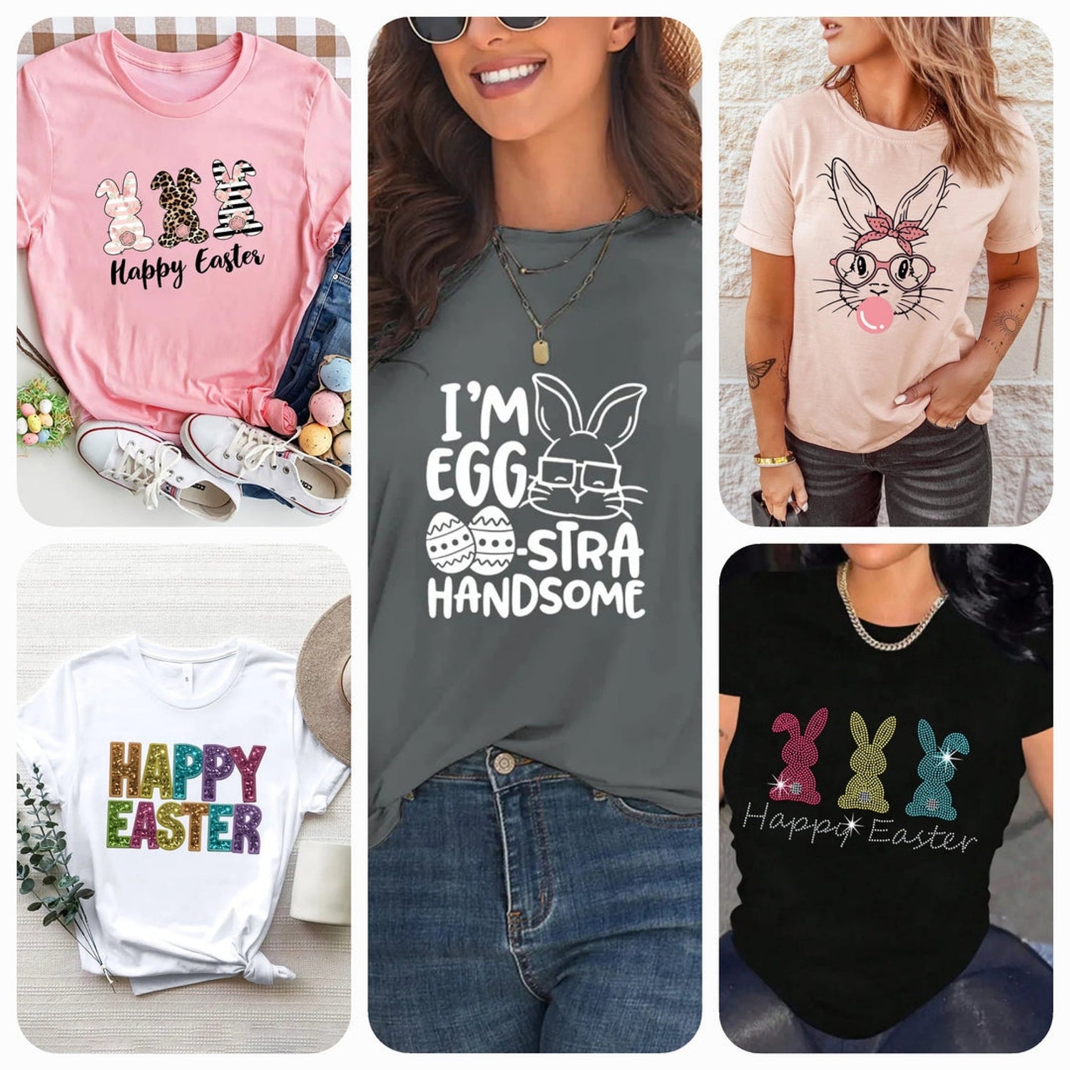 Women's Easter clothes featuring bunny-themed apparel, including playful rabbit prints and designs perfect for spring celebrations.