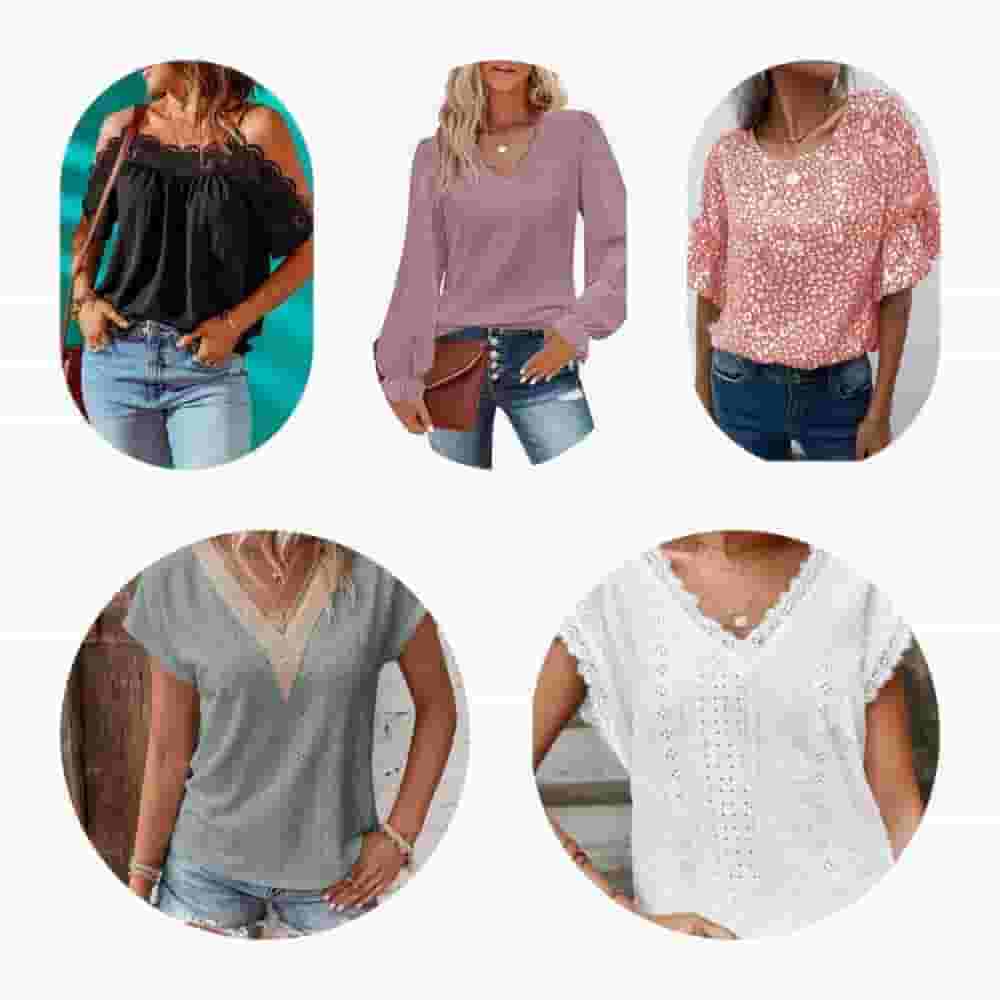 A collection of stylish blouses for women in various colors, including cream, brown, black, red, pink, and blue. This selection features elegant blouses, floral patterns, and trendy designs perfect for different occasions.