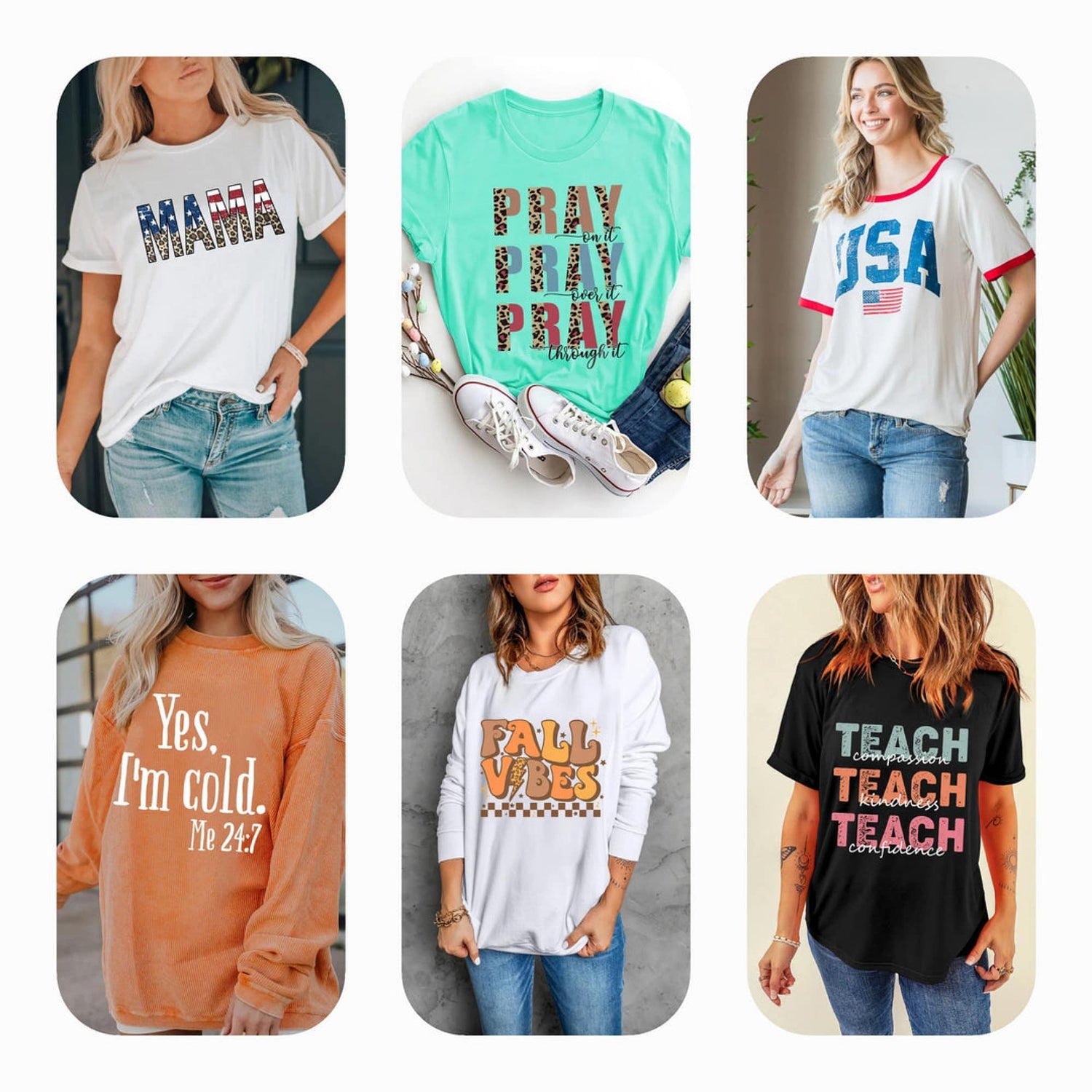 A collection of women's letter print apparel, including casual tees and trendy hoodies, featuring bold designs that express personality and elevate style.

