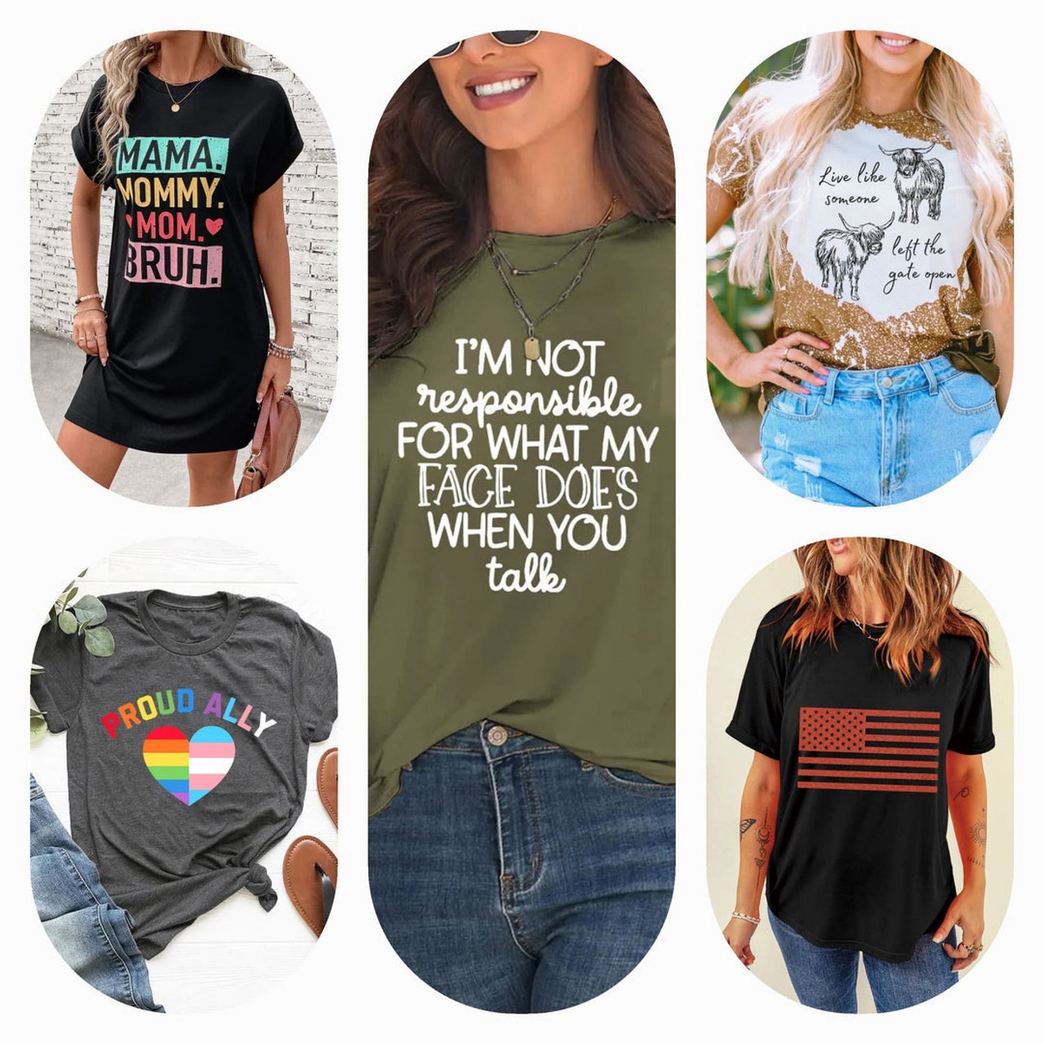 A variety of graphic tees in different colors and designs, including black, white, pink, and green, showcasing casual and bold graphic prints.
