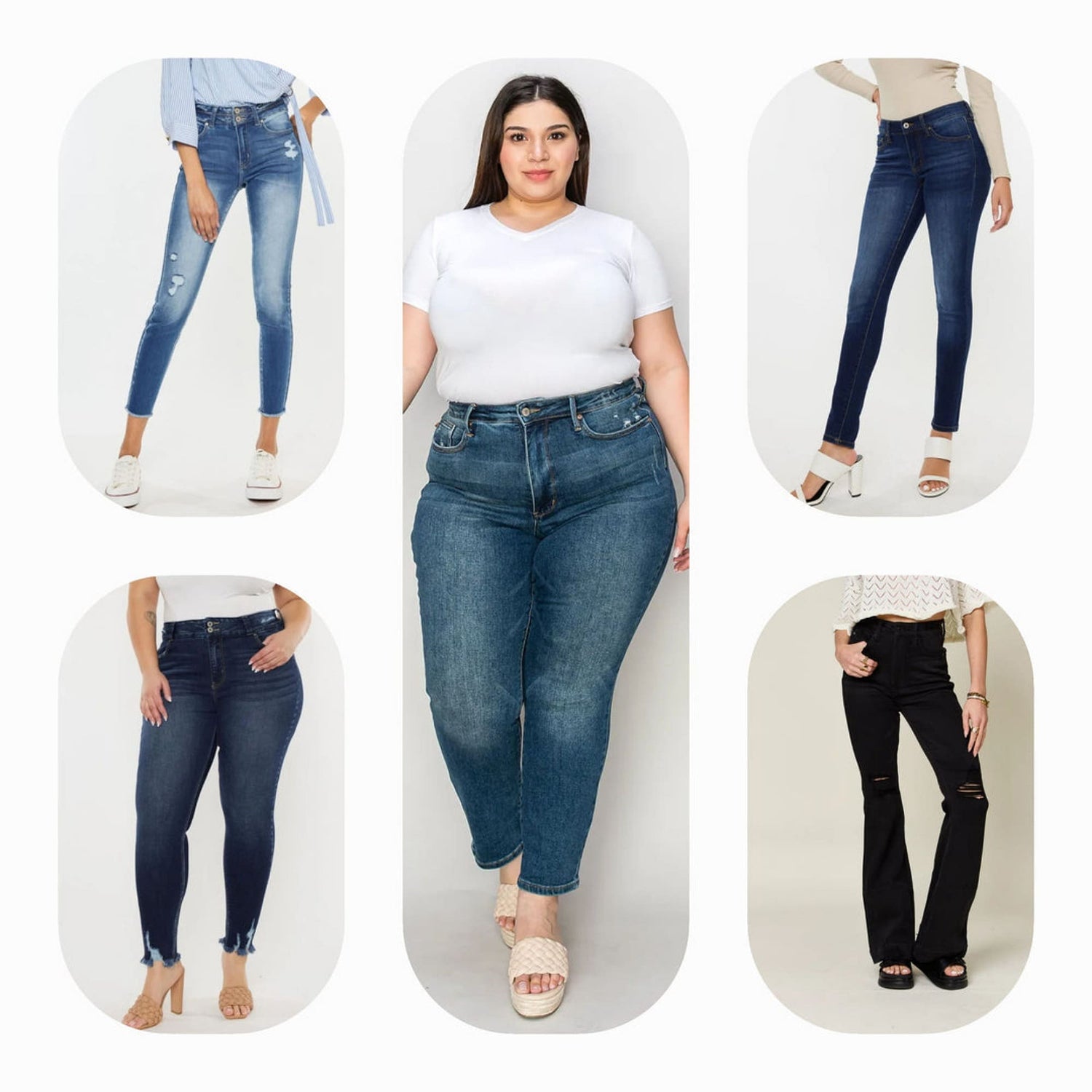 Variety of stylish jeans for every occasion, including white, black, cream, pink, dark wash, ivory, tan, and indigo options.

