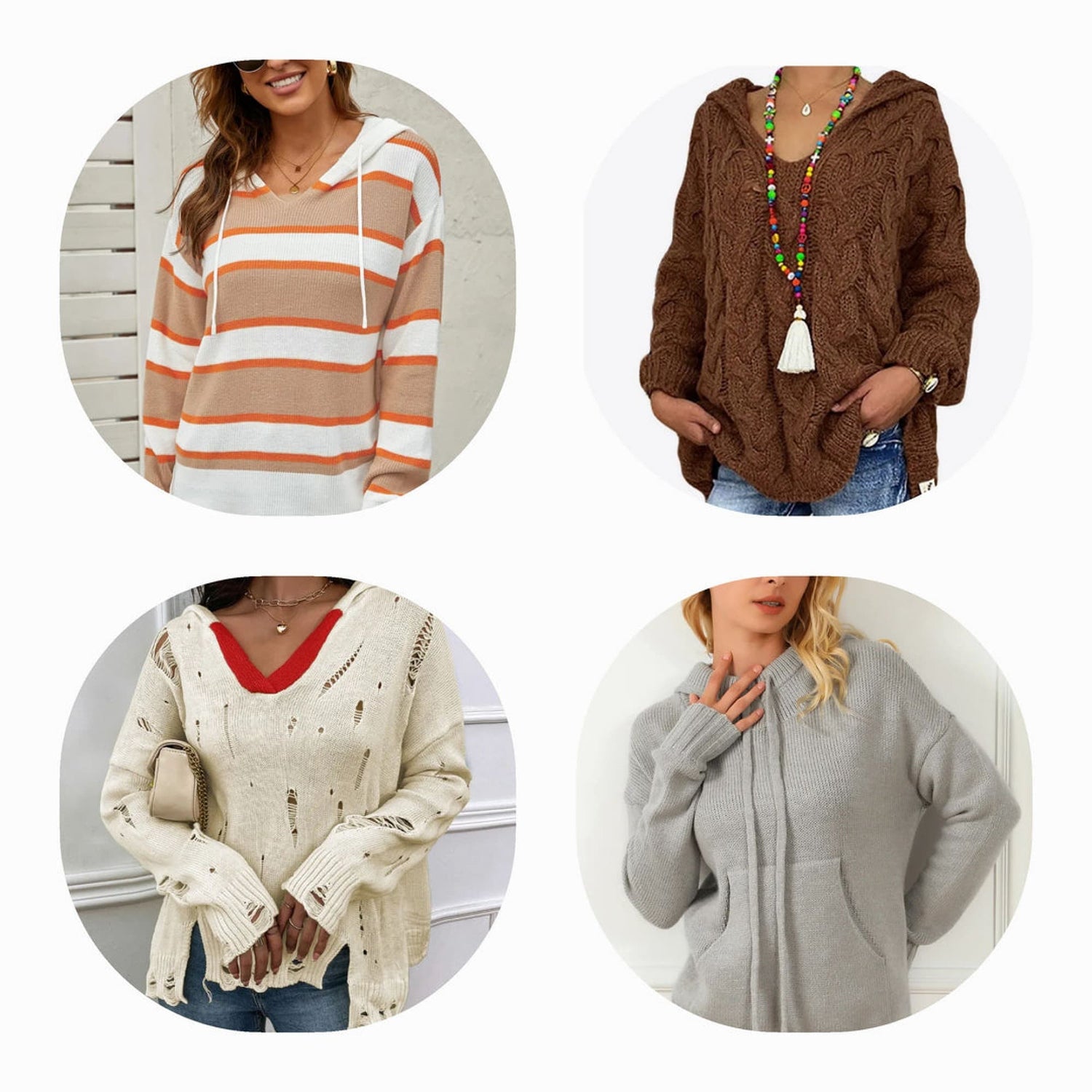 Collection of stylish sweater hoodies for women, including zip-up, cable knit, and v-neck designs in various colors and styles.

