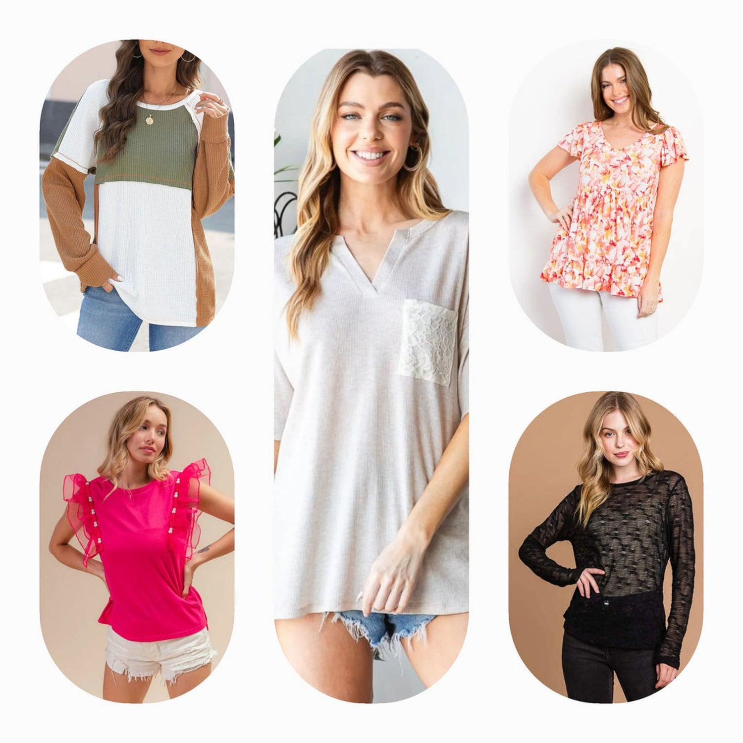 a collection of trendy tops in various styles and colors, from classic black and white to vibrant hues like coral and teal. Featuring floral blouses, festive holiday tops, and comfortable activewear, these pieces offer versatility for every occasion.
