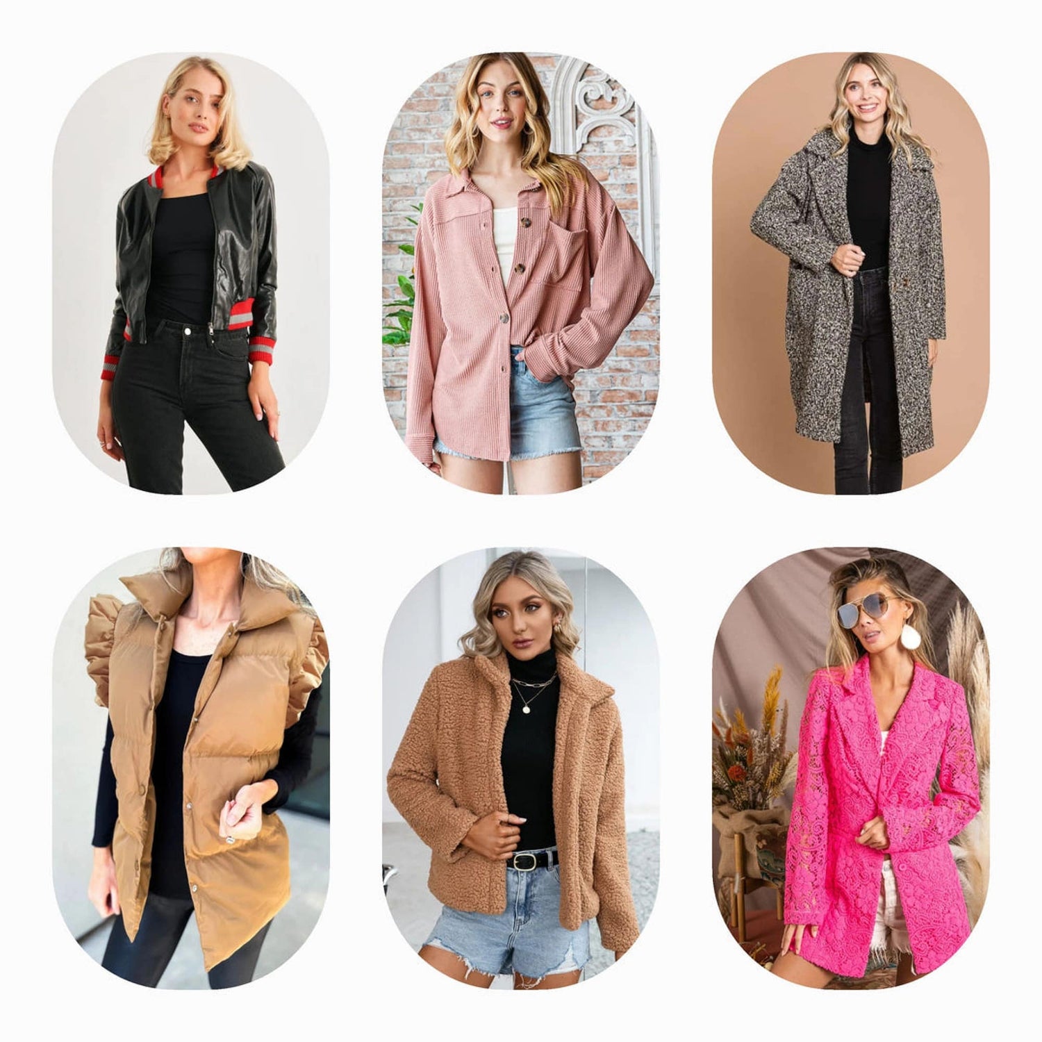 Variety of stylish women's outerwear including cozy sweaters, plaid coats, long coats, trench coats, black bubble coats, faux fur coats, and fur jackets for a fashionable and warm winter look.

