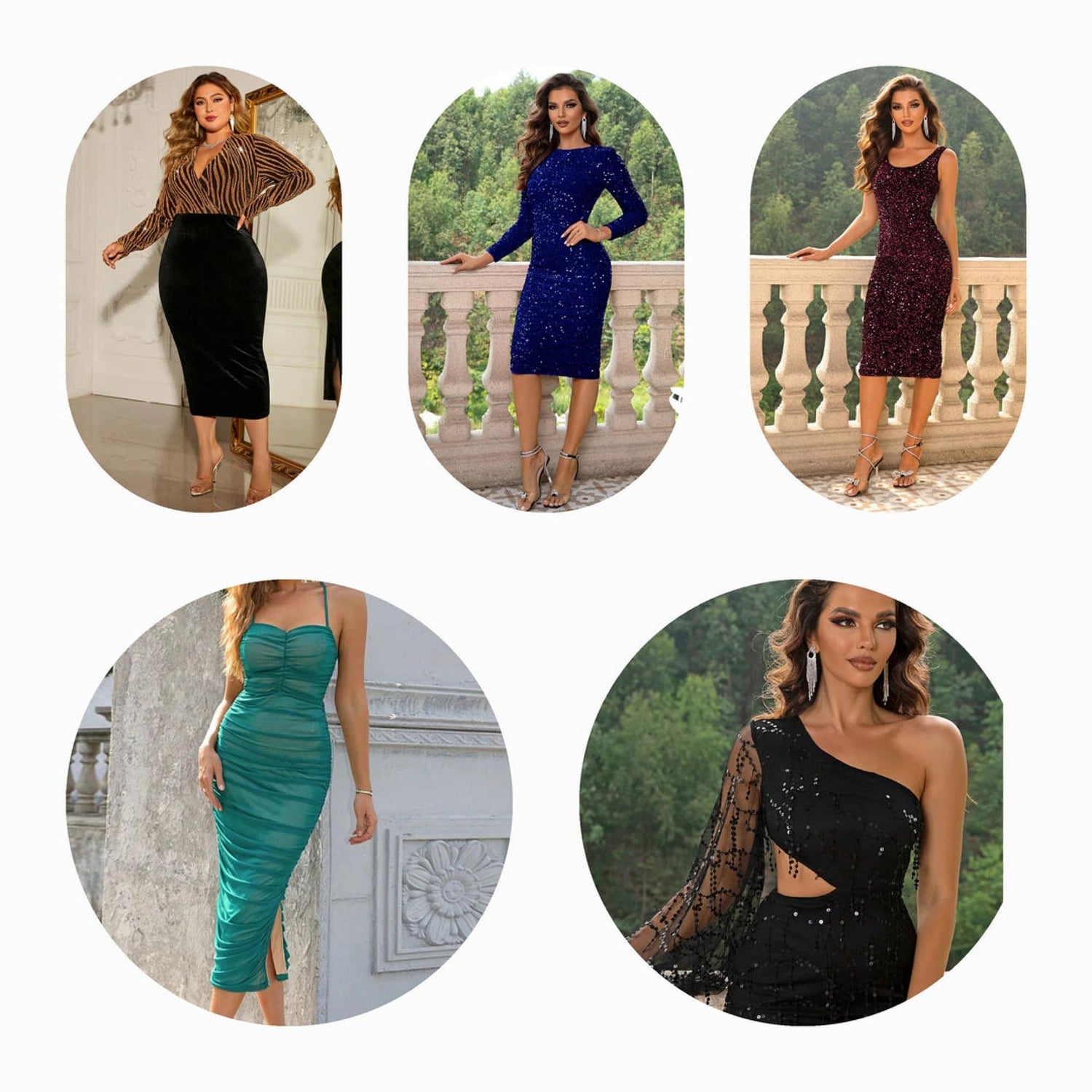 A variety of elegant cocktail dresses, including black, red, and blue options, featuring unique styles such as dresses with sleeves, sequins, and festive designs for special occasions.

