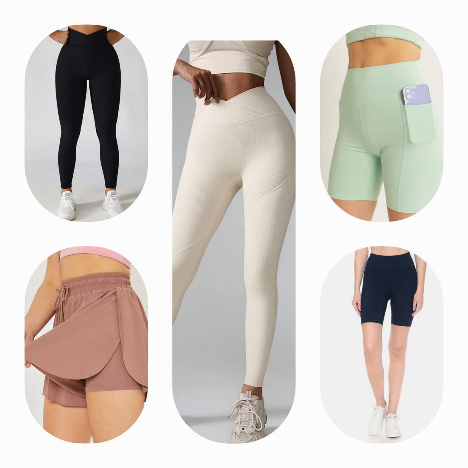 A variety of women's active leggings and workout pants, including black, pink, navy, and patterned styles, perfect for fitness and everyday wear.
