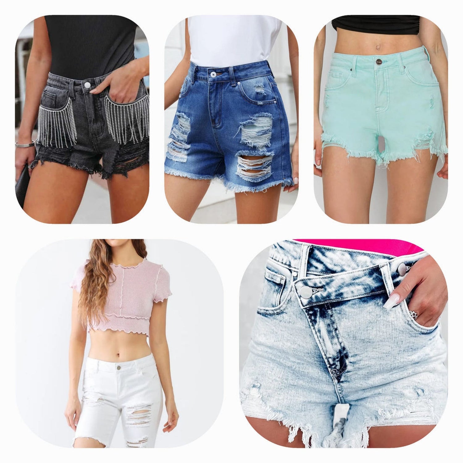 Women’s denim shorts in black, light blue, and pink, perfect for summer styling with a variety of cuts and washes.