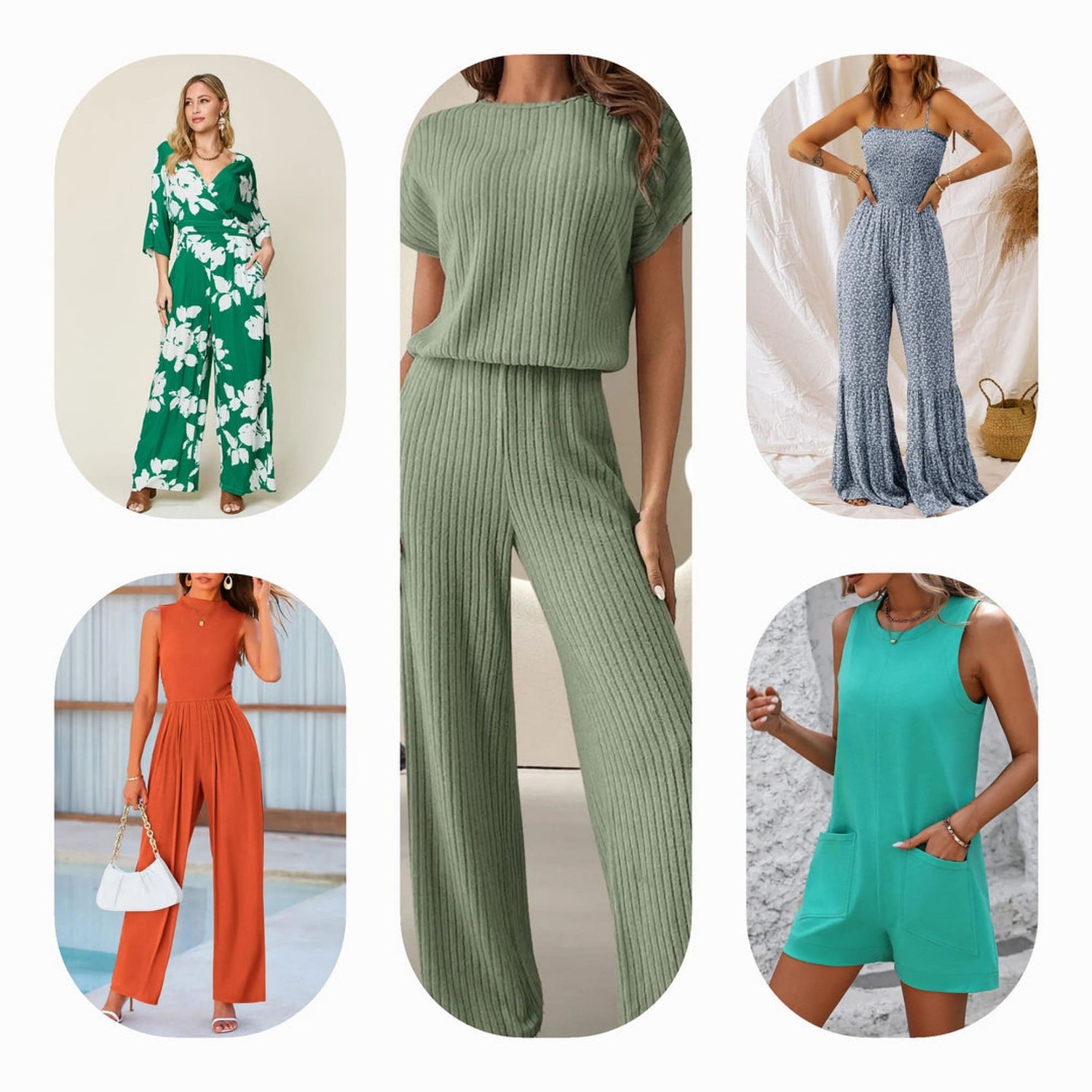 Collection of trendy rompers and jumpsuits for women in various styles, including casual, dressy, denim, and plus-size options.

