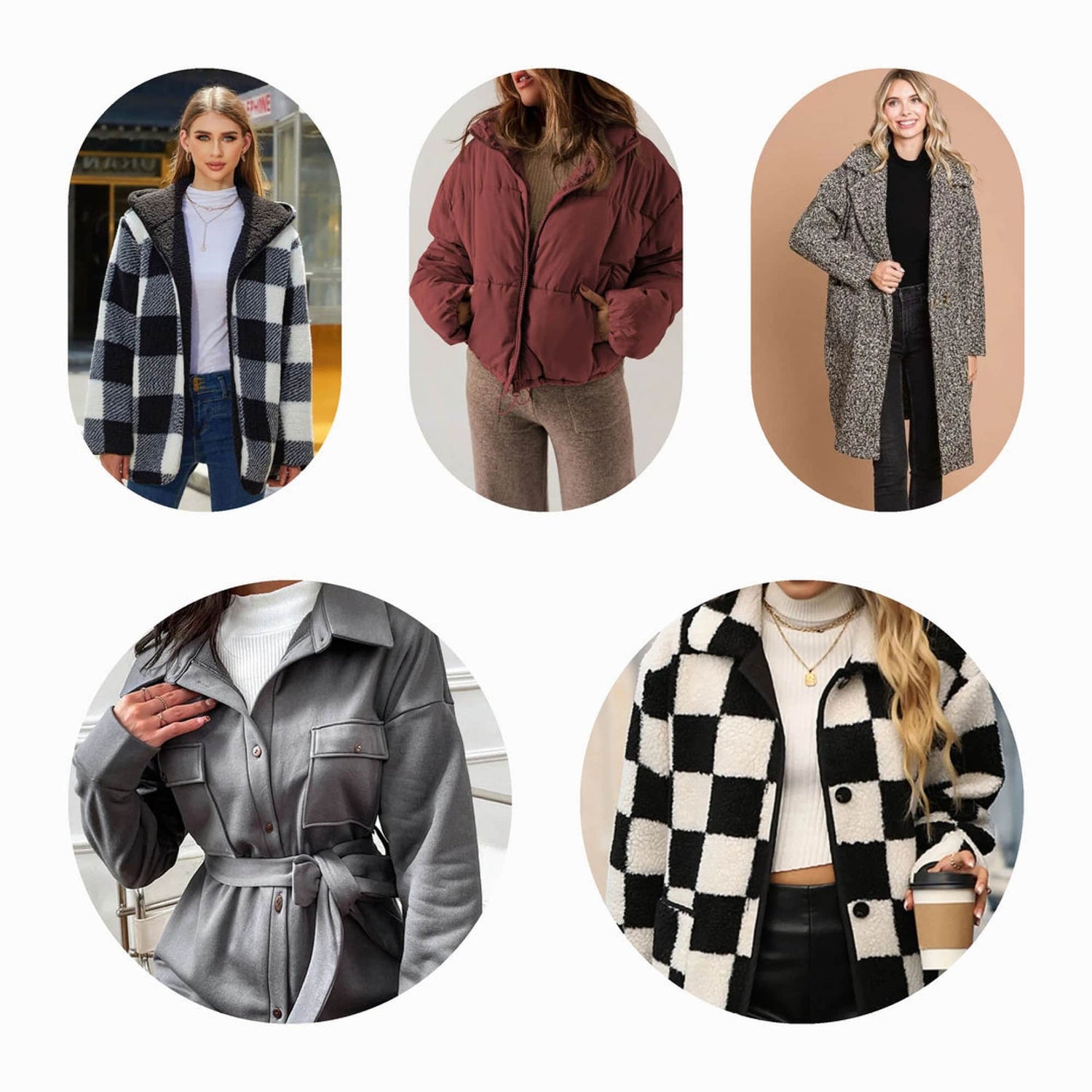 A collection of stylish coats and jackets, featuring faux fur, trench coats, and long coats in colors like black, pink, and beige, perfect for fall and winter outerwear.
