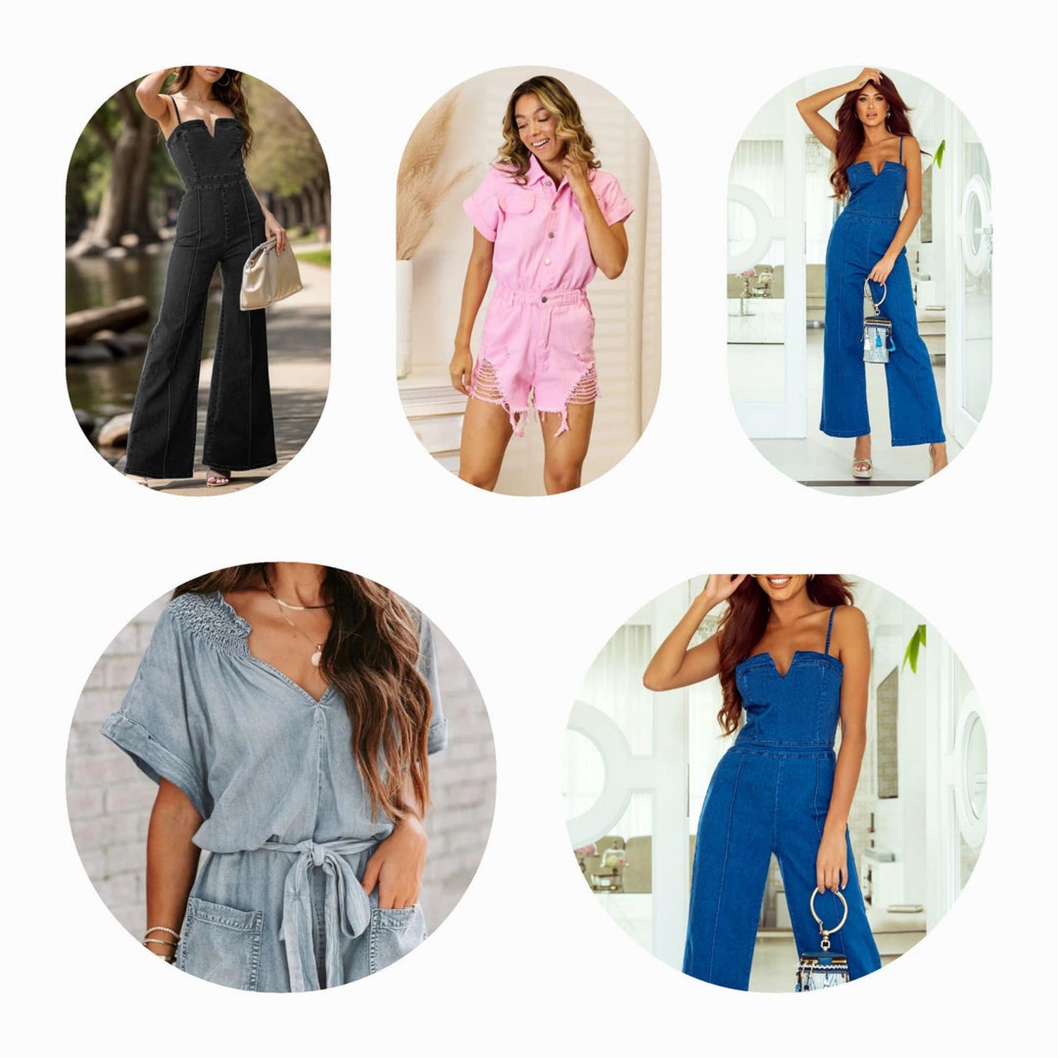 A collection of stylish denim overalls, including wide-leg, distressed, and colored jumpsuits for women, featuring both casual and trendy designs like pink denim overalls and dark blue denim dungarees.