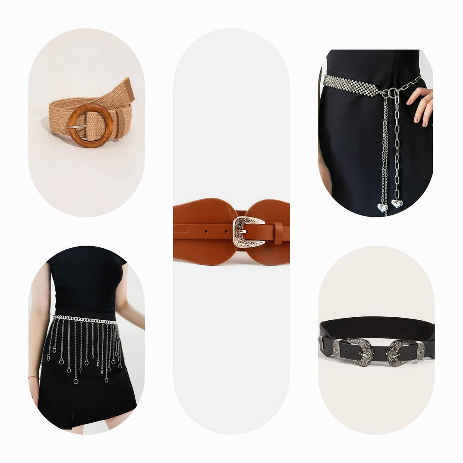 A variety of stylish women's belts, featuring leather, gold, silver, and leopard designs, along with buckle and elasticated styles in black, white, tan, and other colors, perfect for any occasion.