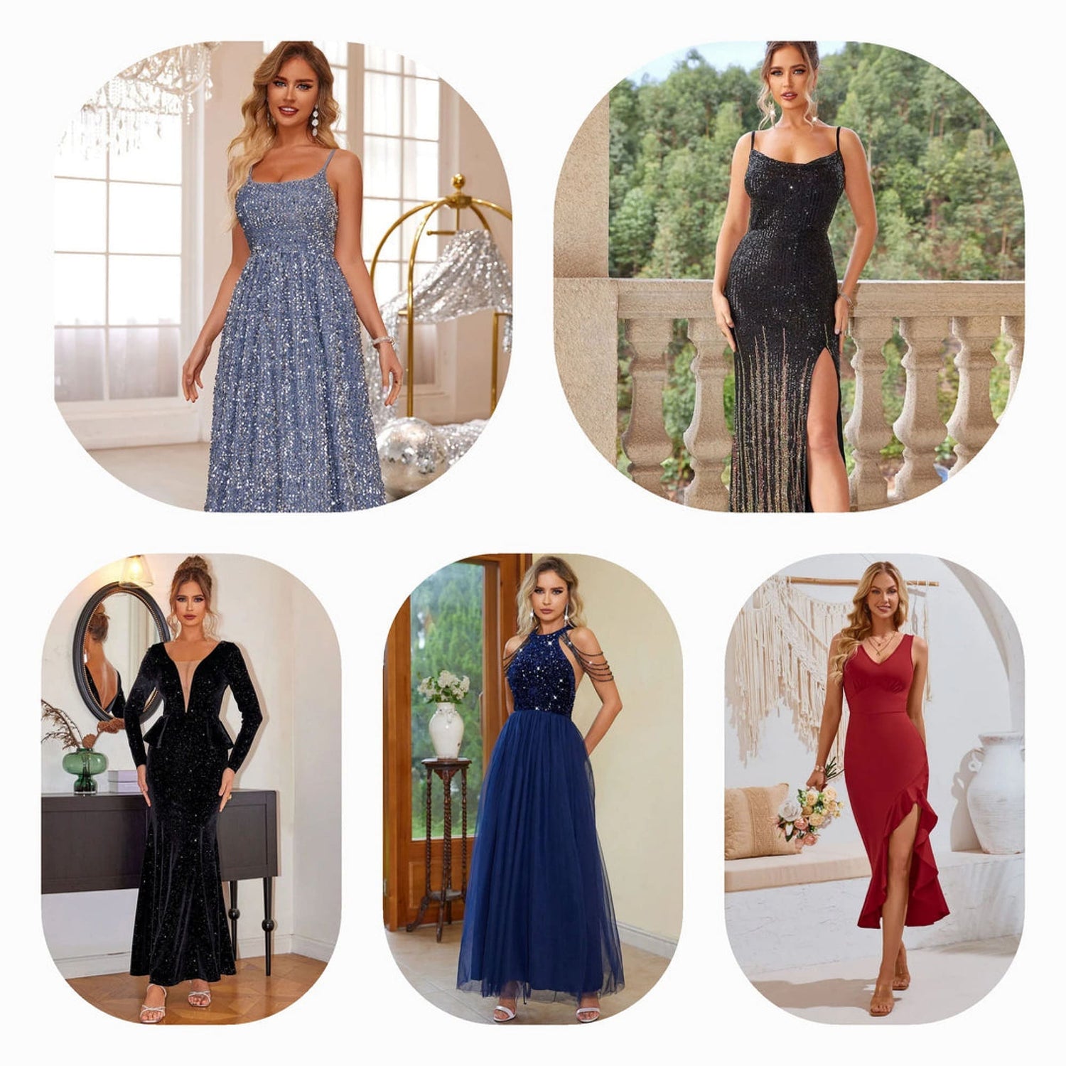 Elegant formal and evening dresses for women, including long sleeve, maxi, sequin, and stylish formal gowns for various occasions.

