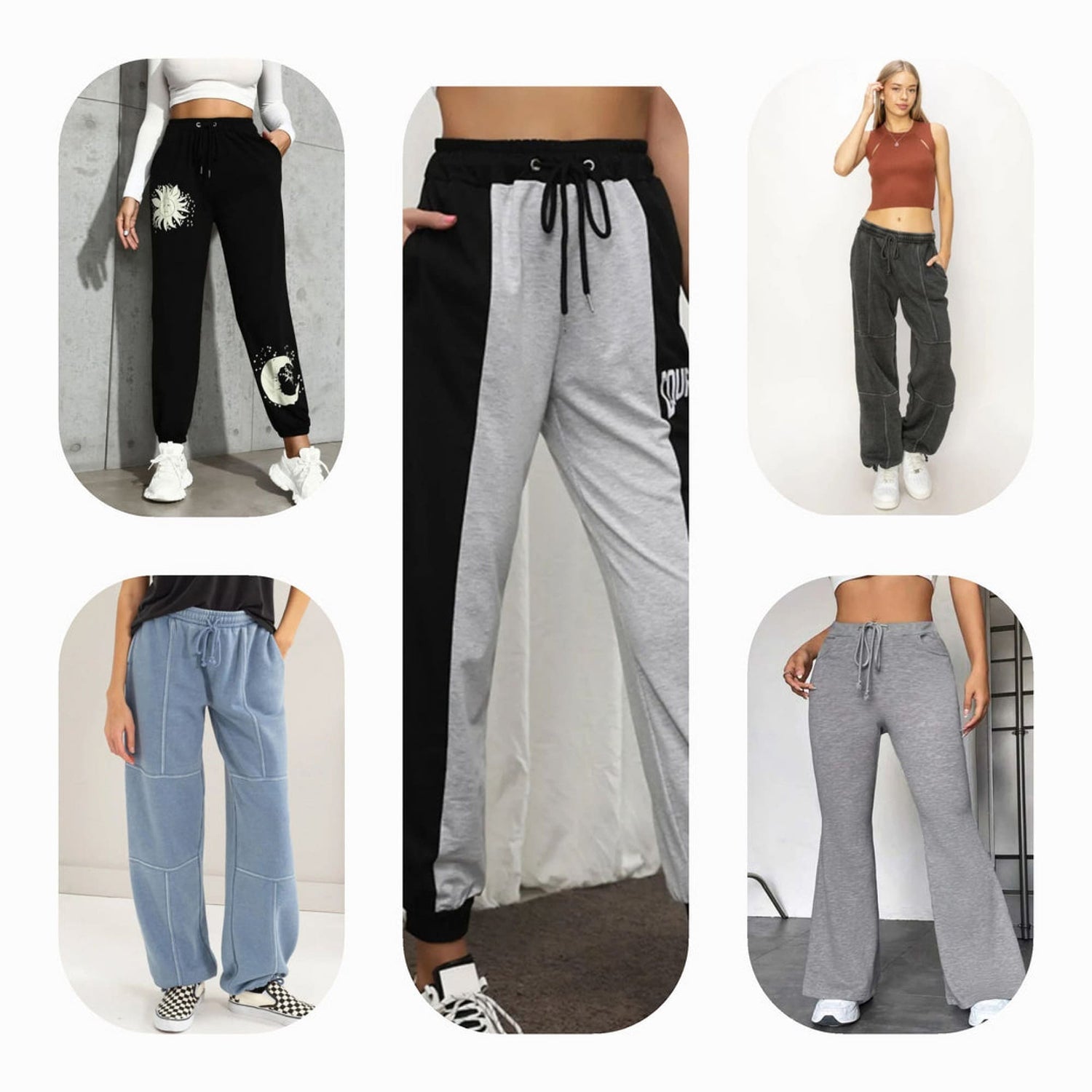 Women’s wide leg sweatpants in black, pink, and gray, featuring a comfortable drawstring waist and perfect for casual or athleisure looks.