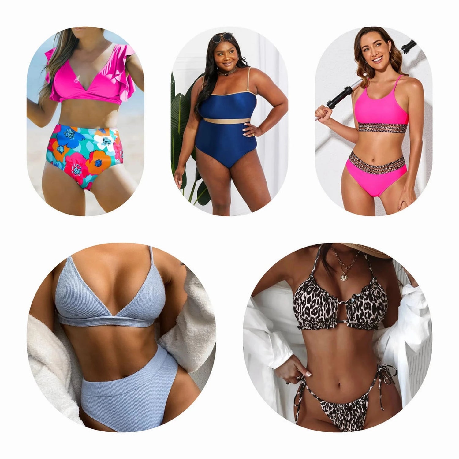 A collection of stylish tankinis and bikinis including floral, halter neck, and high-rise designs, perfect for swimming and lounging by the pool.