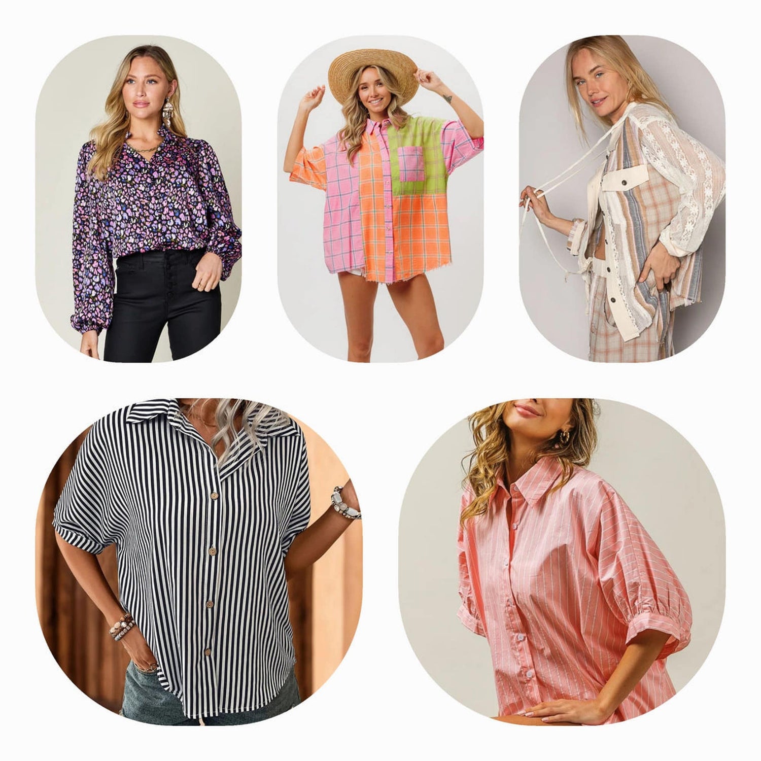Collection of stylish shirts for every occasion, including plaid, business, casual, and colorful options for women.

