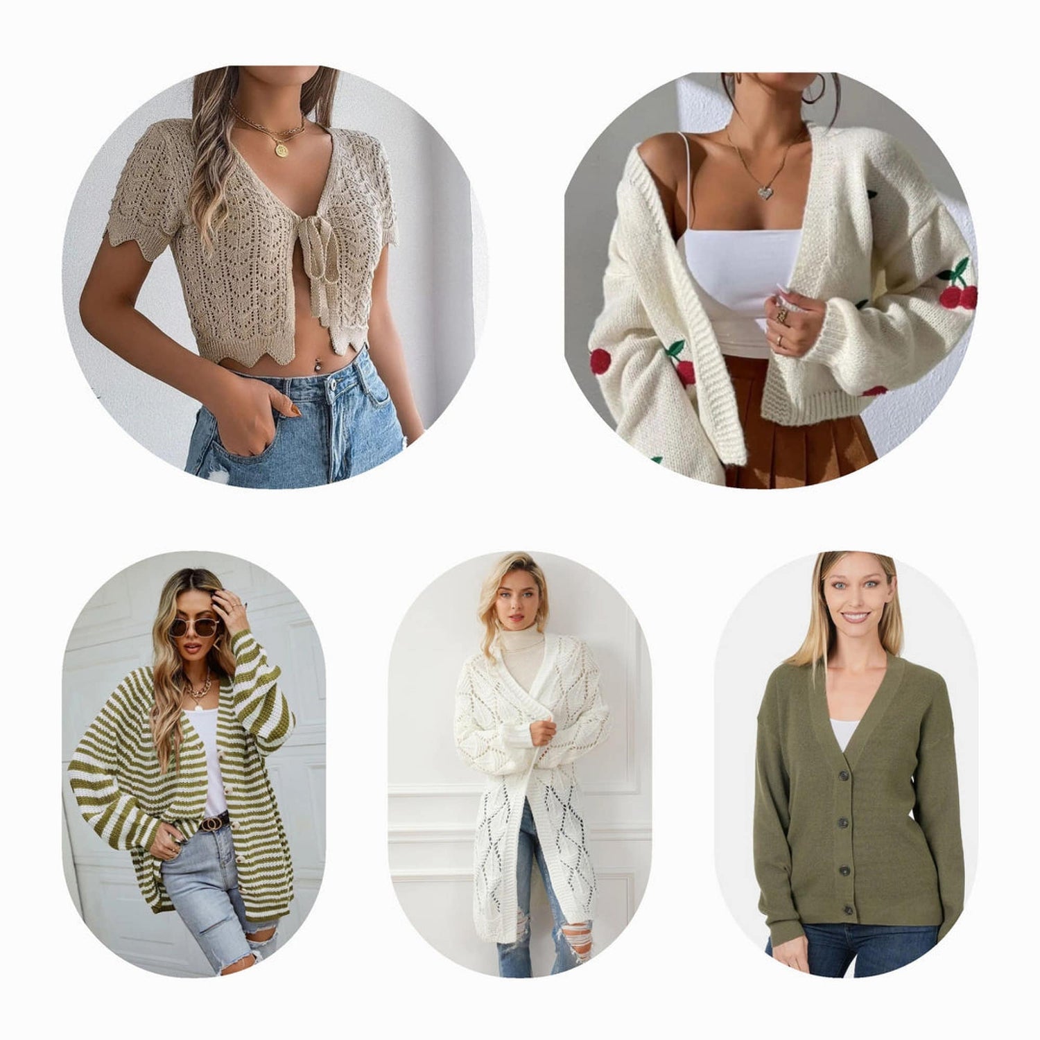 A collection of fashionable cardigans in vibrant colors, including striped, green, yellow, white, red, purple, orange, blue, and black, perfect for updating your wardrobe.

