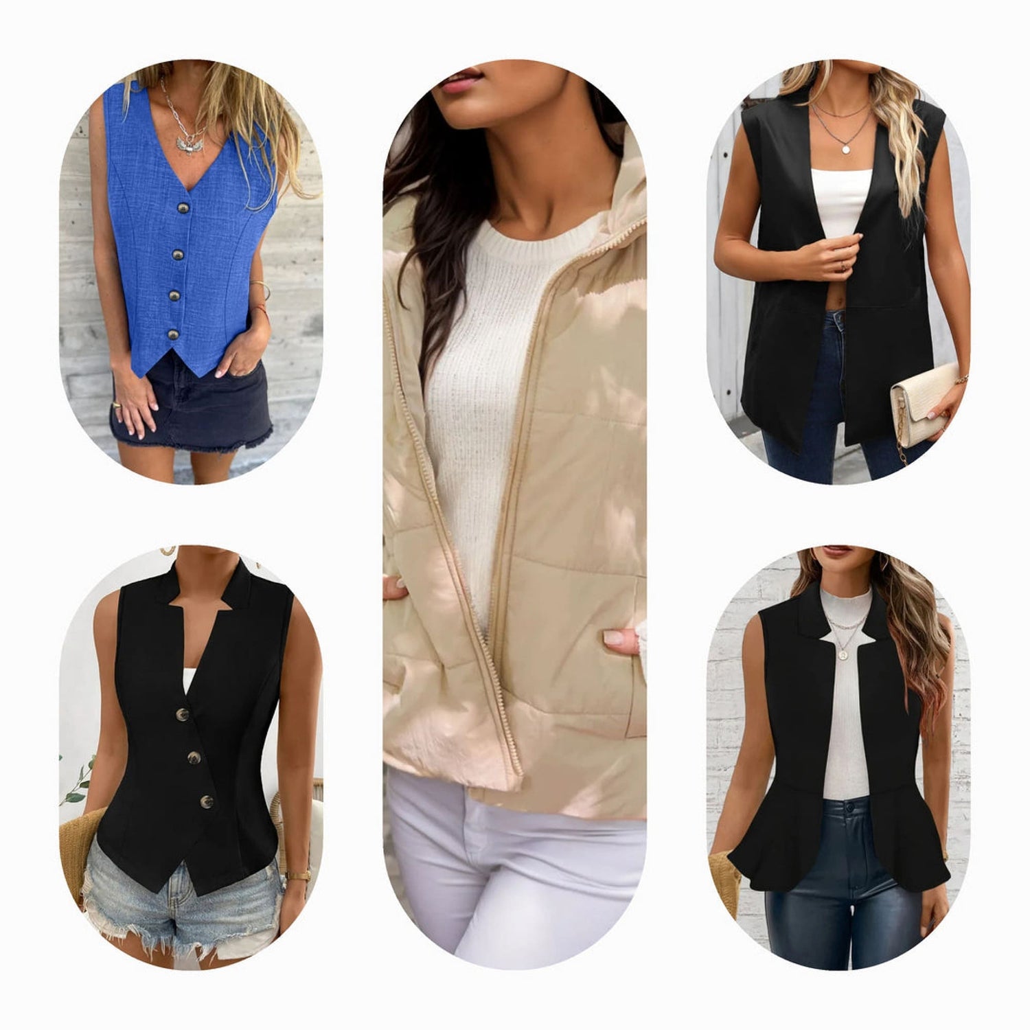A variety of trendy cardigans and vests, including cropped puffer vests, black and cream vests, plus size options, perfect for stylish layering.

