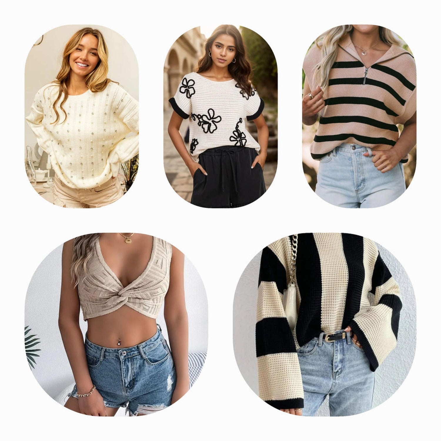 Chic collection of knitwear tops for women, including white, black, pink, and plus size options, perfect for elevating your wardrobe.

