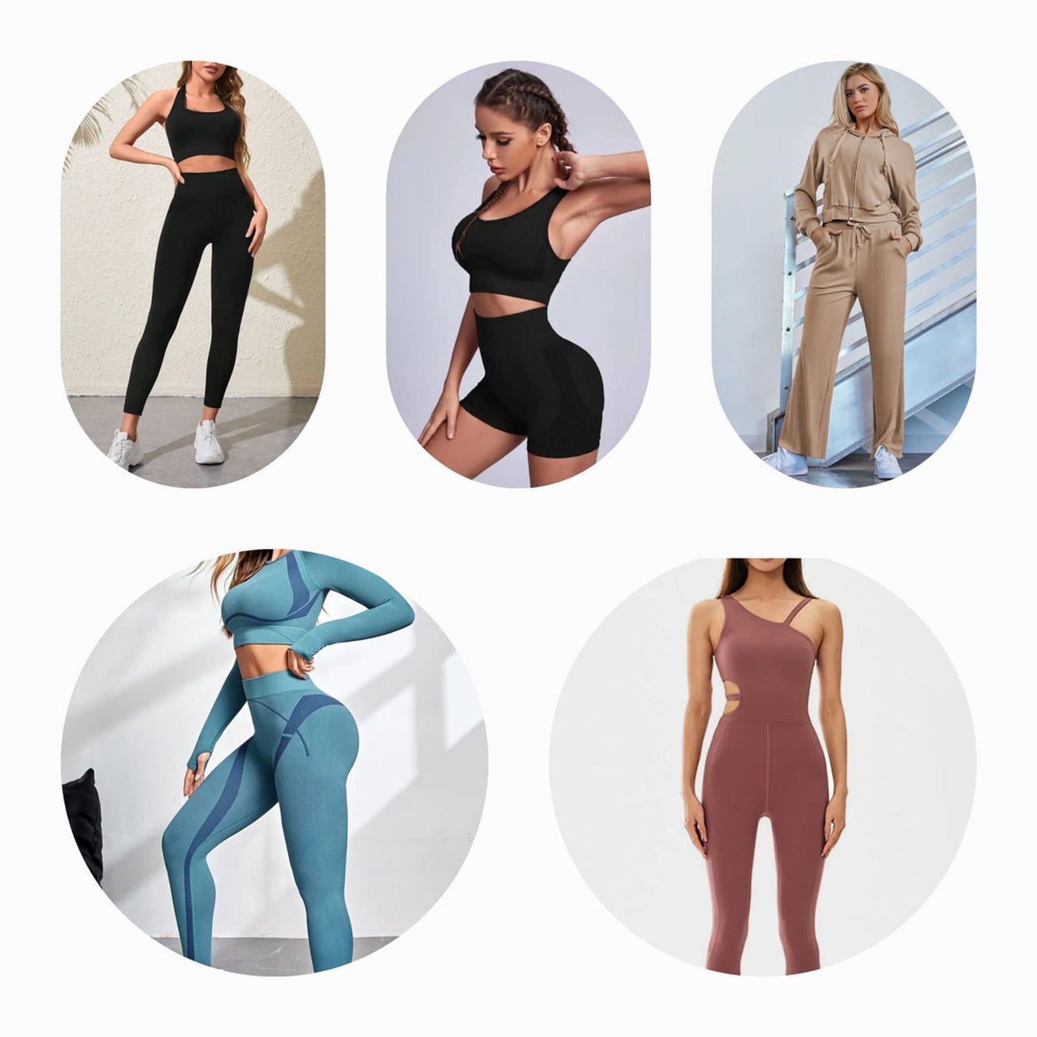 Women's activewear set featuring a sports bra and leggings in different colors, perfect for workouts and athleisure.