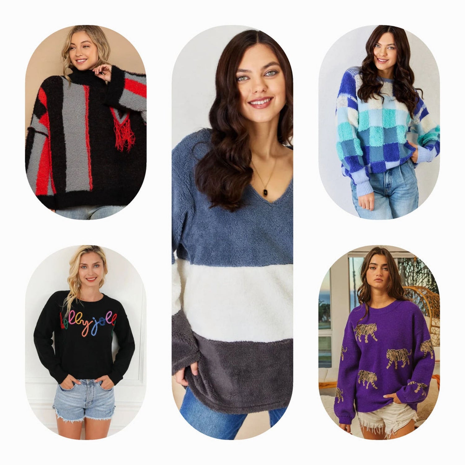 A selection of cozy sweaters in various colors including green, white, red, pink, brown, black, cream, and ivory, perfect for winter fashion.

