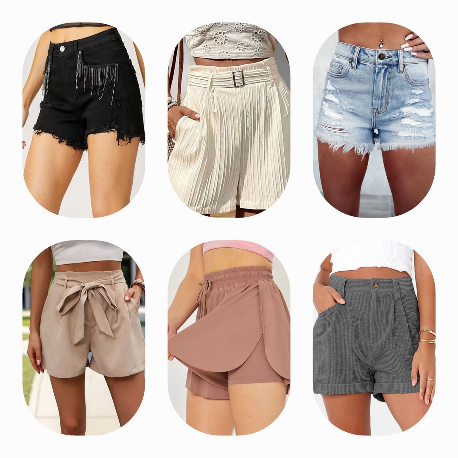 A collection of stylish shorts in a variety of colors and styles, including denim, khaki, camo, and vibrant shades like pink, blue, and green, perfect for all occasions from casual to activewear.