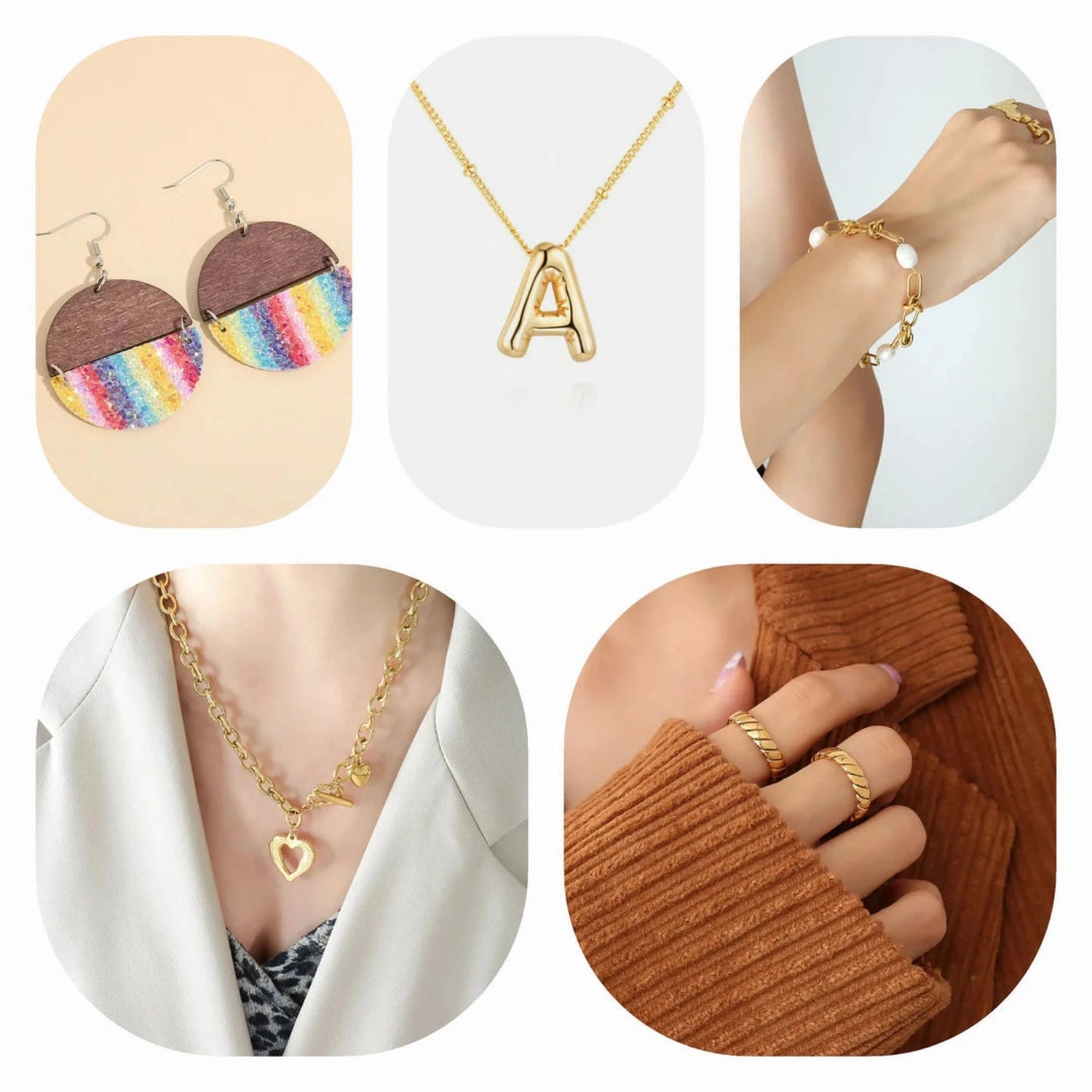 A selection of fashion jewelry pieces, including gold, silver, and turquoise necklaces, rings, and earrings, showcasing a variety of styles for every occasion.