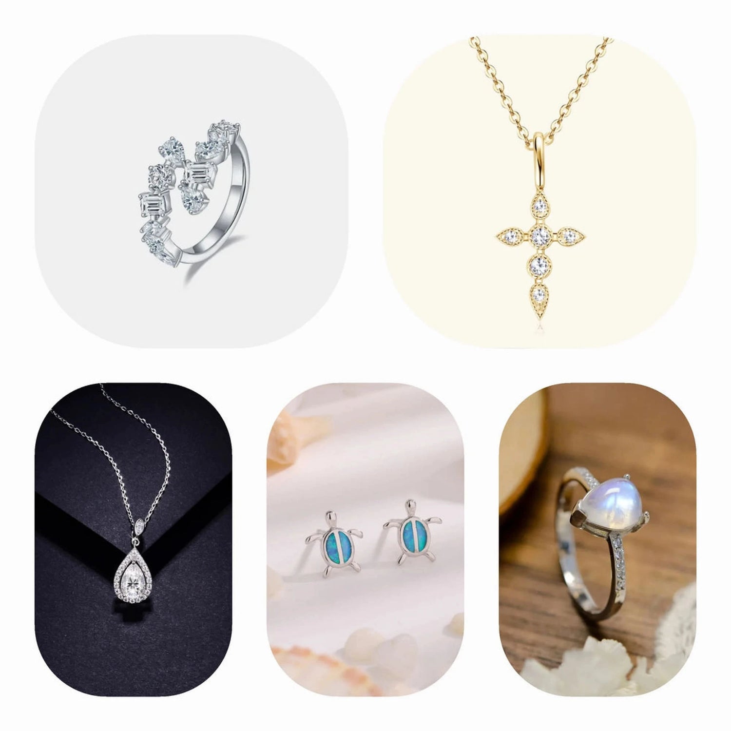 A collection of sterling silver jewelry, including heart necklaces, silver earrings, and pendant necklaces, displayed on a soft background.