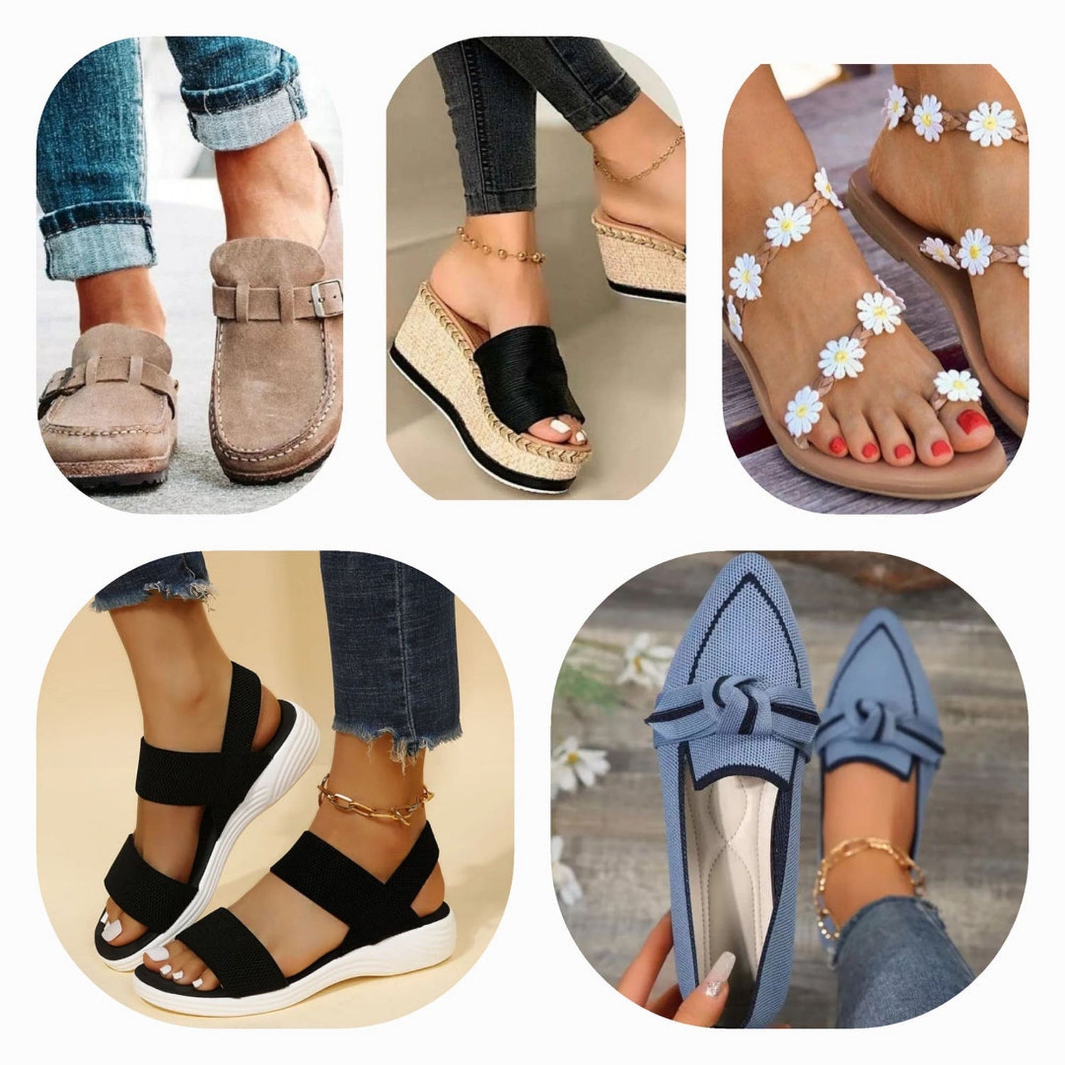 Wide selection of women's footwear, including stylish boots, sandals, sneakers, and slip-on shoes in various colors like gold, pink, navy, and beige