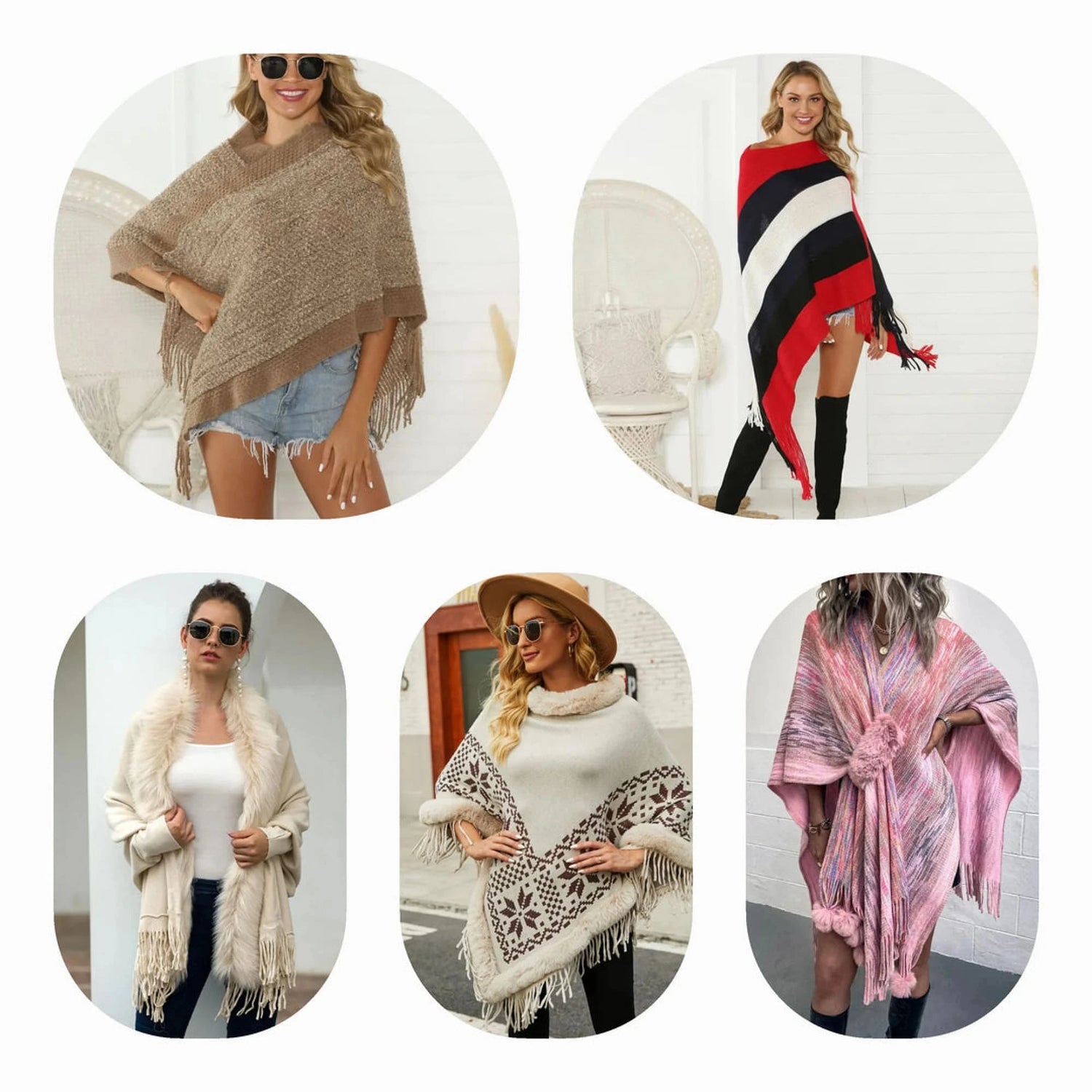 A collection of trendy ponchos in various styles including hooded, fur-trimmed, and fringe designs. Available in colors like black, beige, pink, and navy, perfect for fall and winter wear.