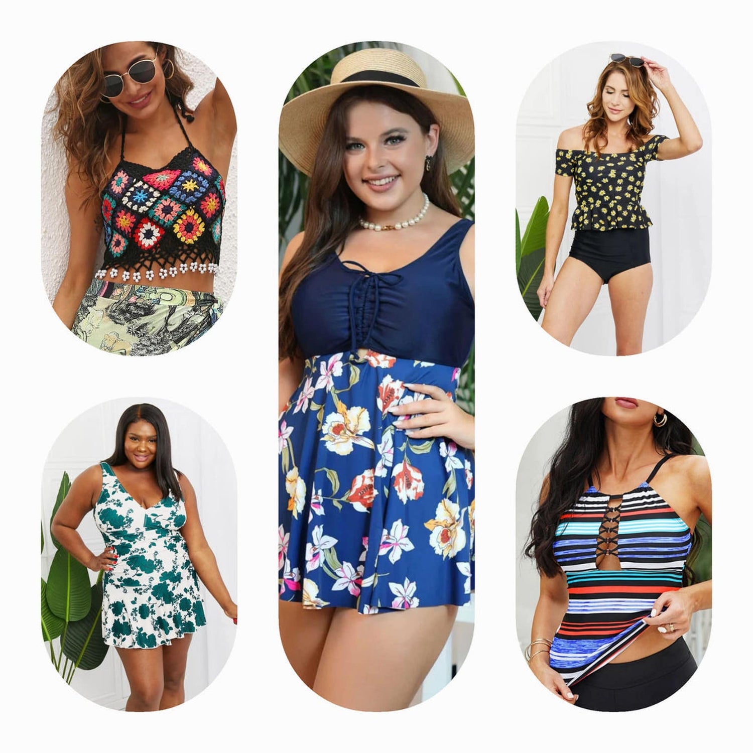 A selection of swim tops in various styles, including halter, racerback, and high neck, showcasing swimwear options in black, white, red, and other vibrant colors.