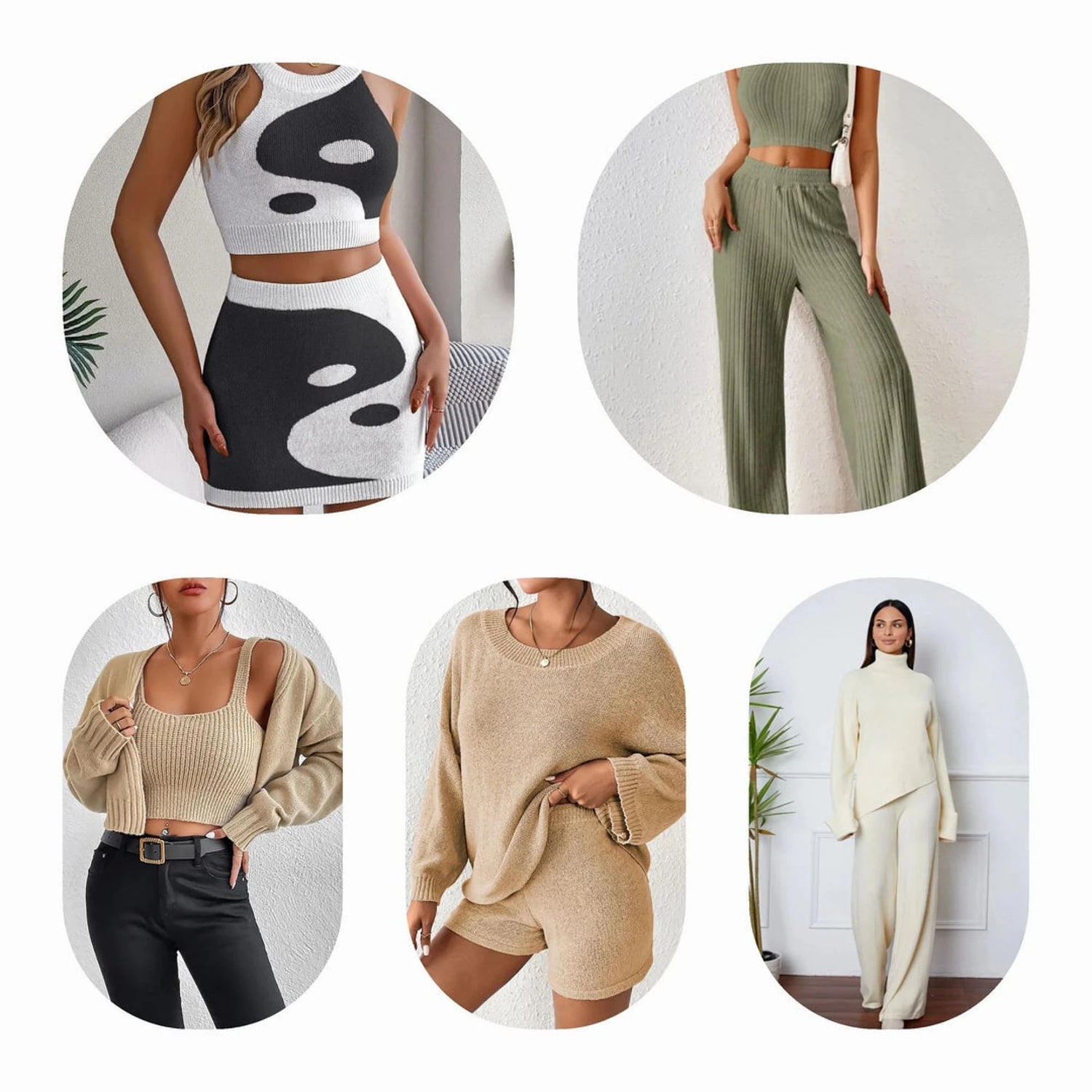 A collection of women's two-piece sweater sets featuring sweater tops paired with skirts, pants, and cardigans for a comfortable, stylish outfit.