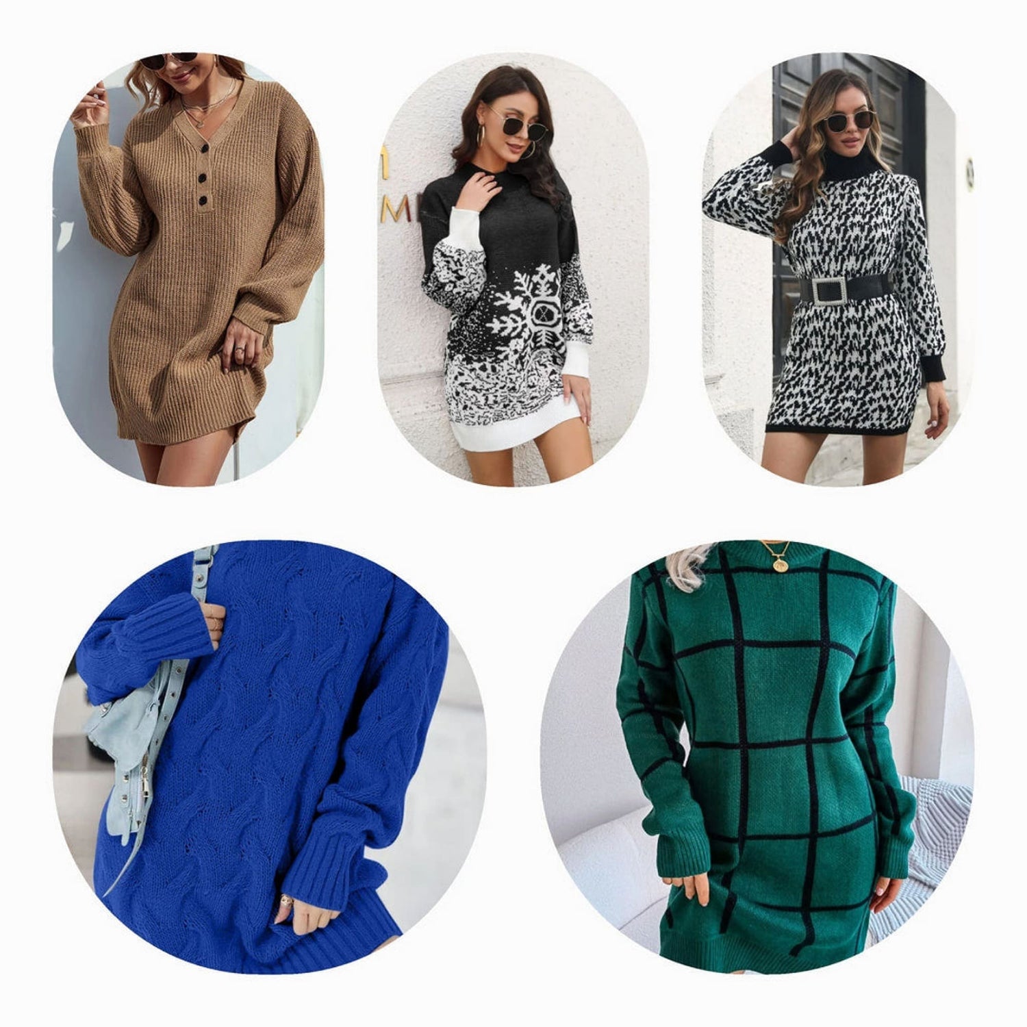  a cozy selection of stylish sweater dresses, perfect for the fall and winter seasons. Featuring a range of colors from classic black and white to vibrant red and green, these dresses offer both comfort and style. 

