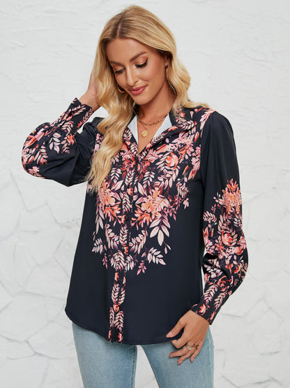 Printed Collared Neck Lantern Sleeve Shirt