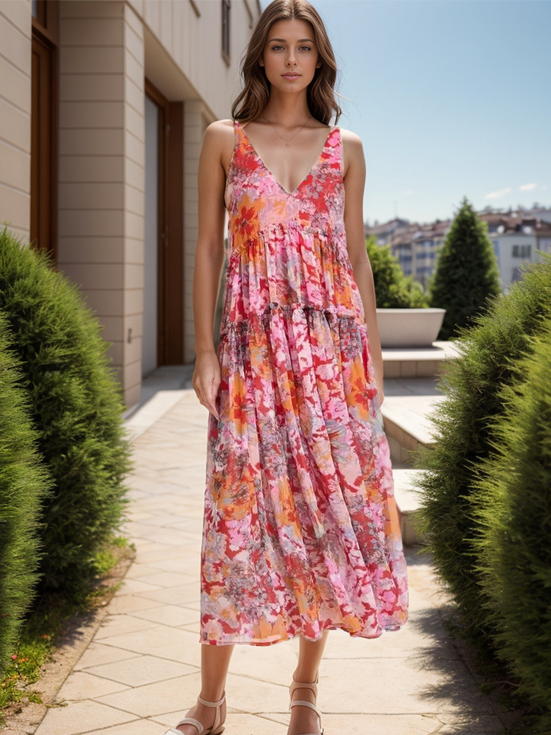 Vestido sin mangas con cuello en V y estampado escalonado