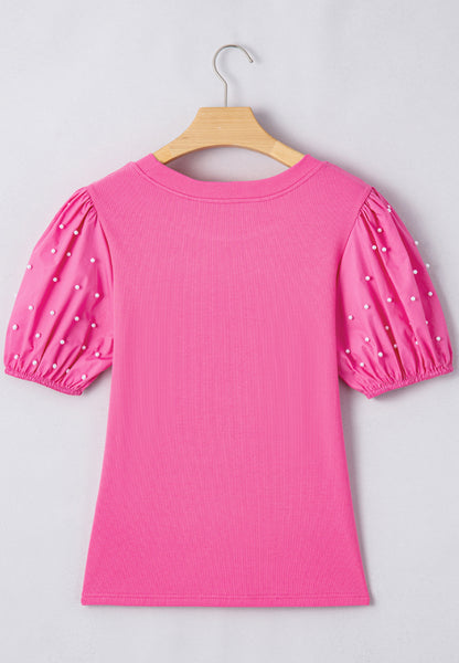 Pearl Detail Round Neck Puff Sleeve Blouse