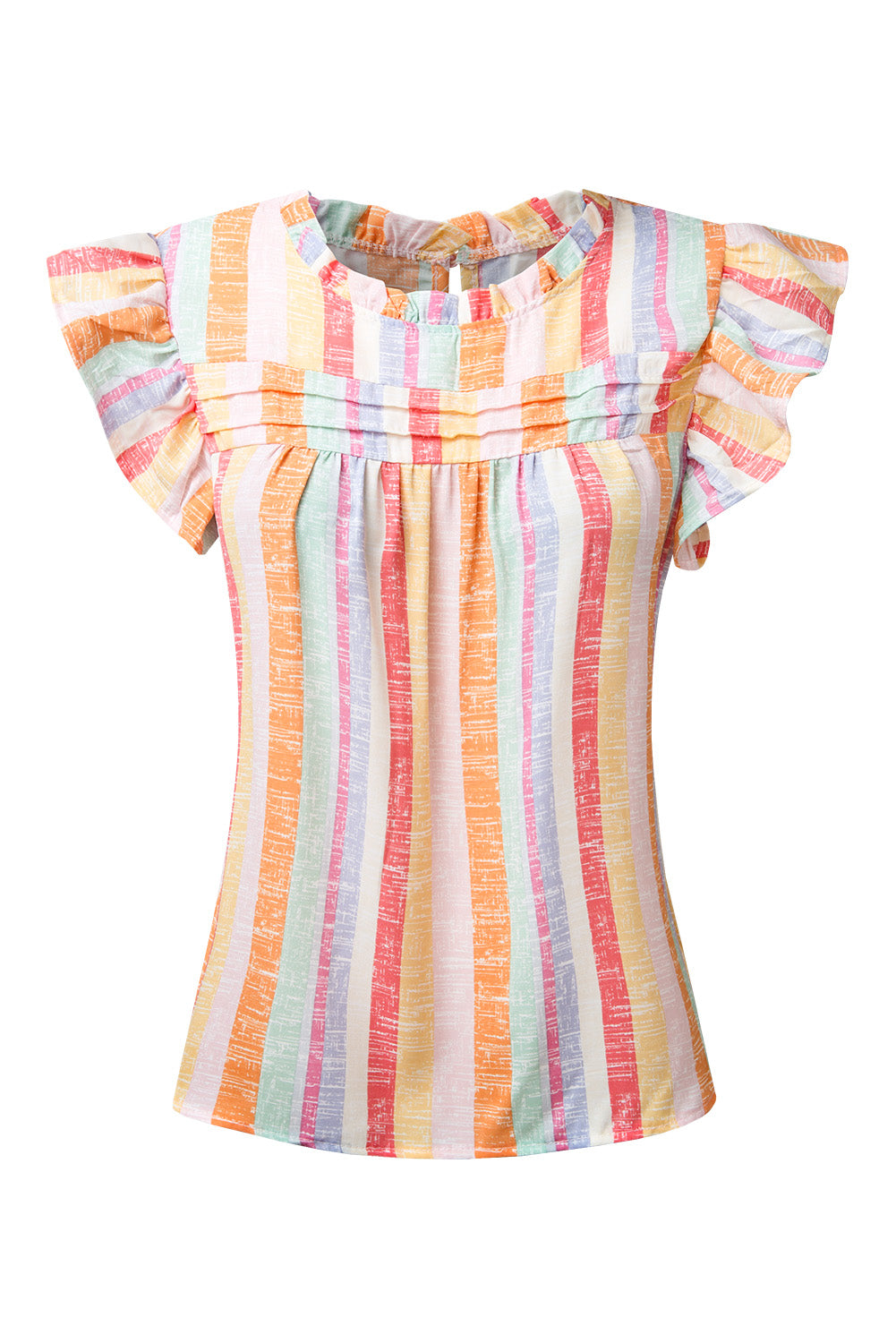 Blusa con manga casquillo y cuello redondo a rayas con volantes