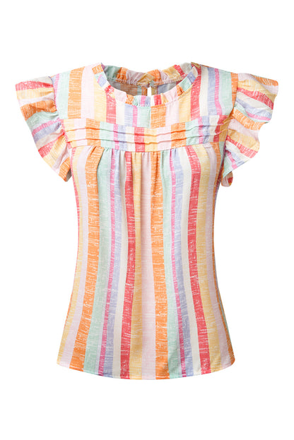 Blusa con manga casquillo y cuello redondo a rayas con volantes