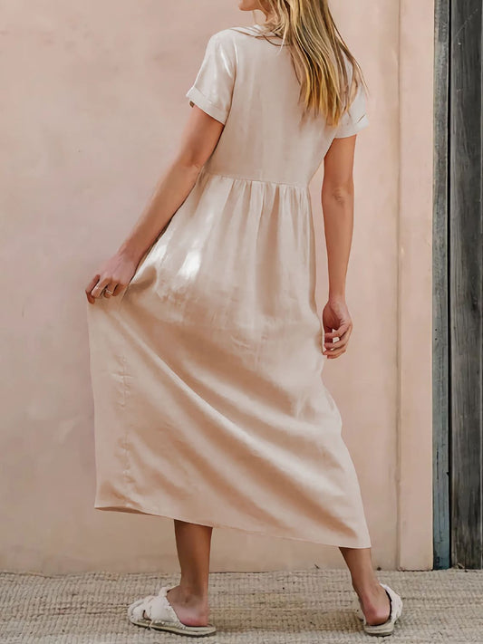 Vestido midi de manga corta con cuello en V