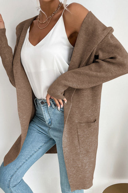 Perfee Ribbed Open Front Hooded Cardigan with Pockets