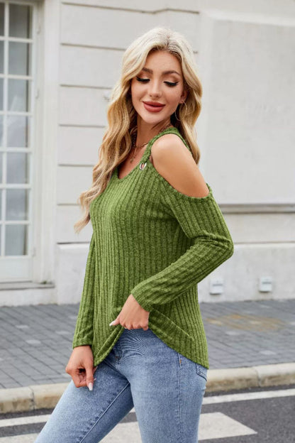 Ribbed Cold Shoulder Long Sleeve Top