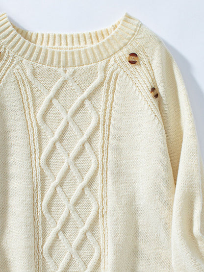 Decorative Button Round Neck Raglan Sleeve Sweater